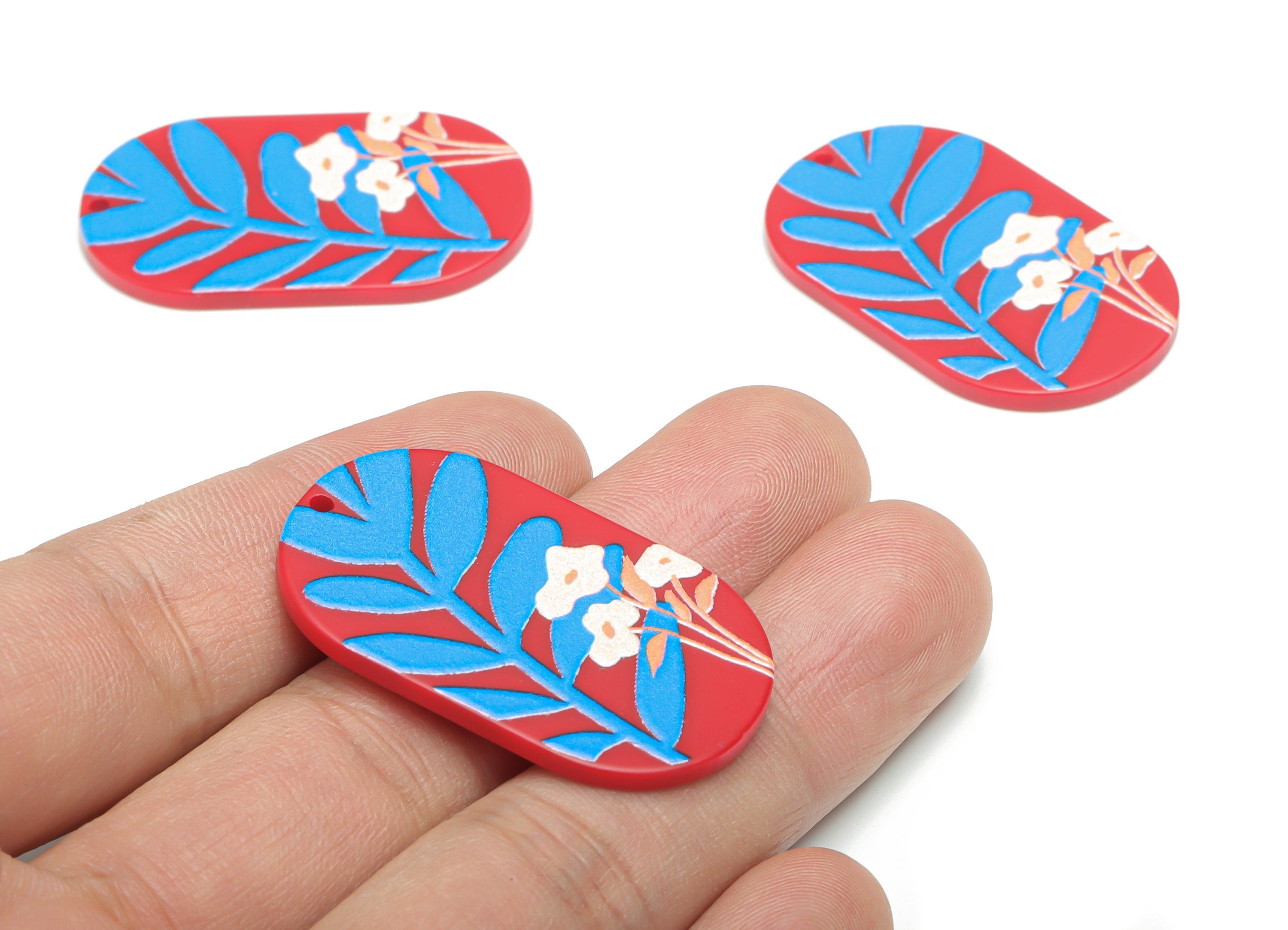 Acrylic Oval Flower Leaves Earring Charms - Acrylic Oval Flower Leaf Pendant - Printing Textured - Jewelry Supplies - 39.6x24.3x3mm- AC2459A - DOMEDBAZAAR