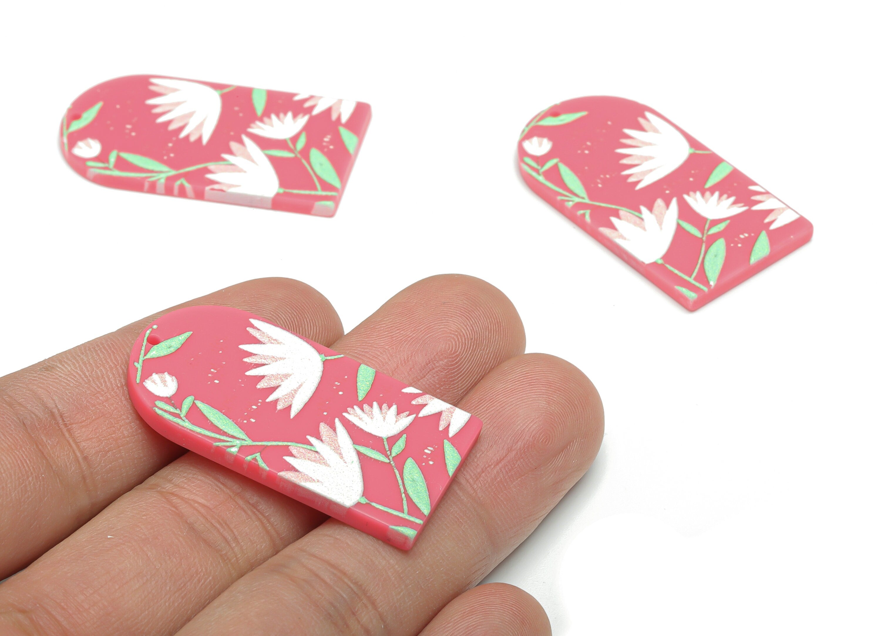 Acrylic Long D Domed Lotus Leaves Earring Charms - Acrylic D Flower Leaf Pendant - Printing Textured - 39.58x20.94x2.07mm - AC2460B - DOMEDBAZAAR