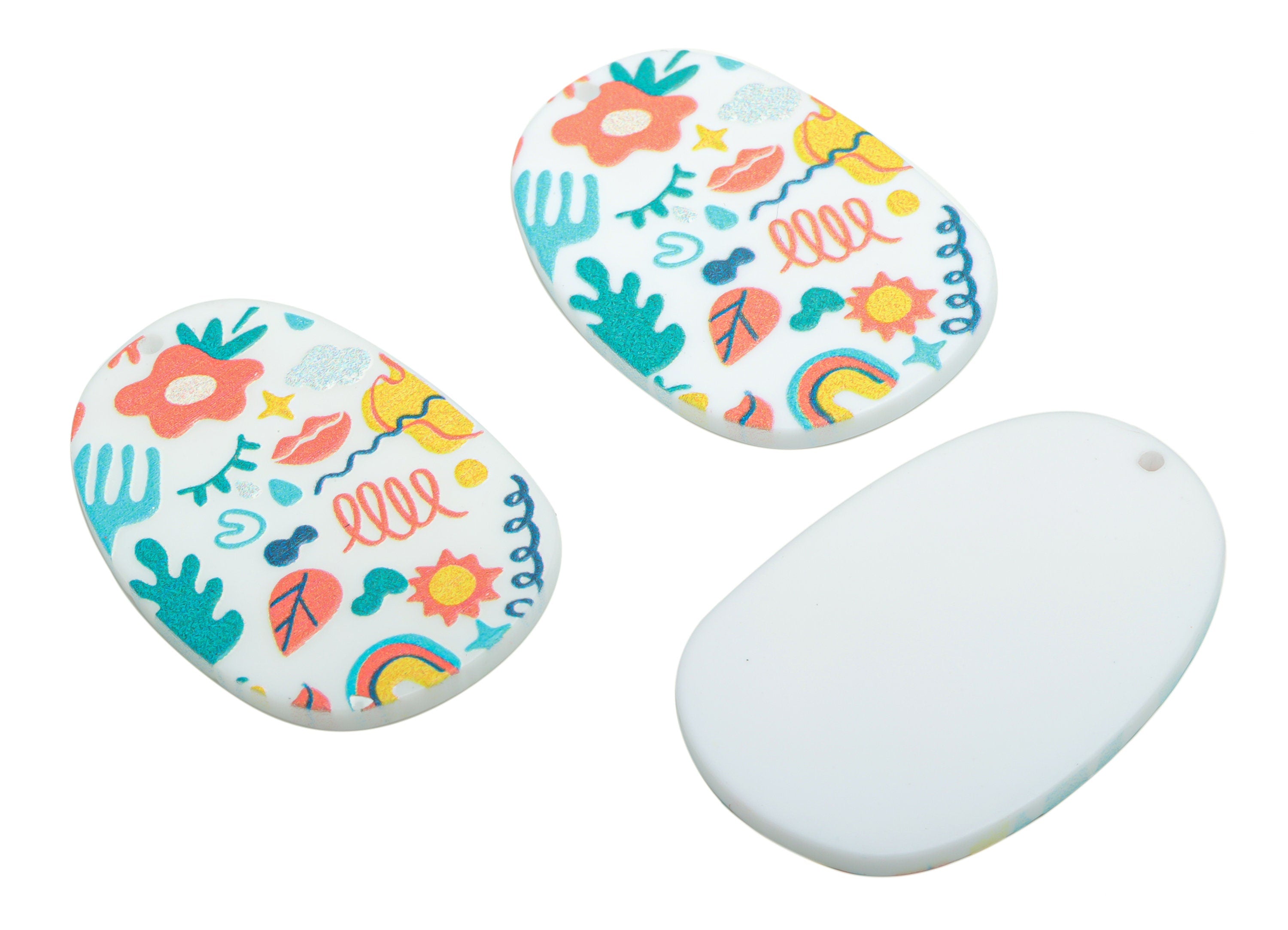 Acrylic Oval Flower Cloud Rainbow Eye Earring Charms - Acrylic Various Patterns Pendant - Printing Textured - 39.5x26.38x2.46mm - AC2463B - DOMEDBAZAAR