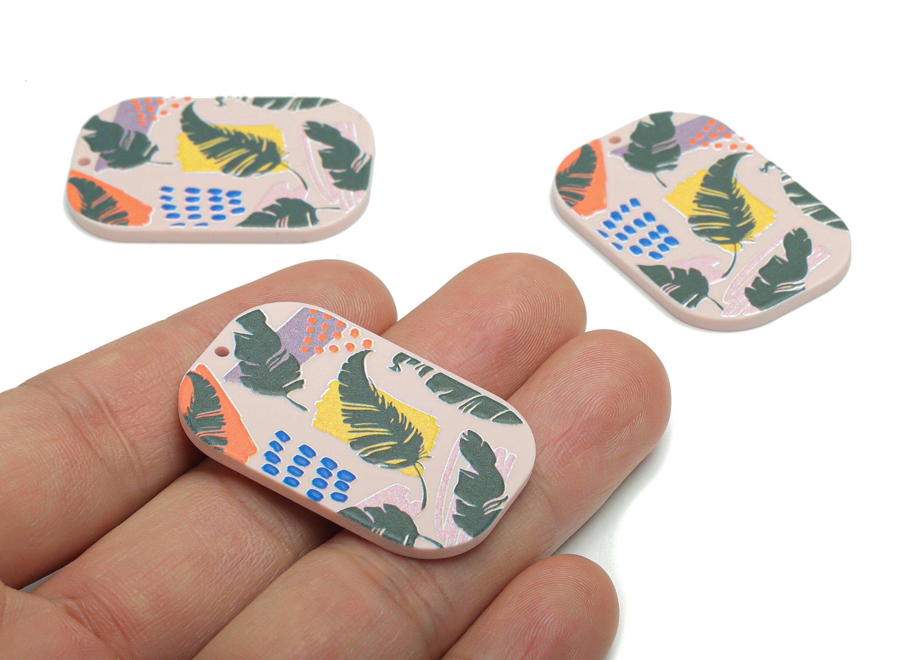 Acrylic Oval Rectangle Leaf Earring Charms - Acrylic Leaves Rectangle Pendant - Printing Textured - 39.45x26.12x2.22mm - AC2458E - DOMEDBAZAAR