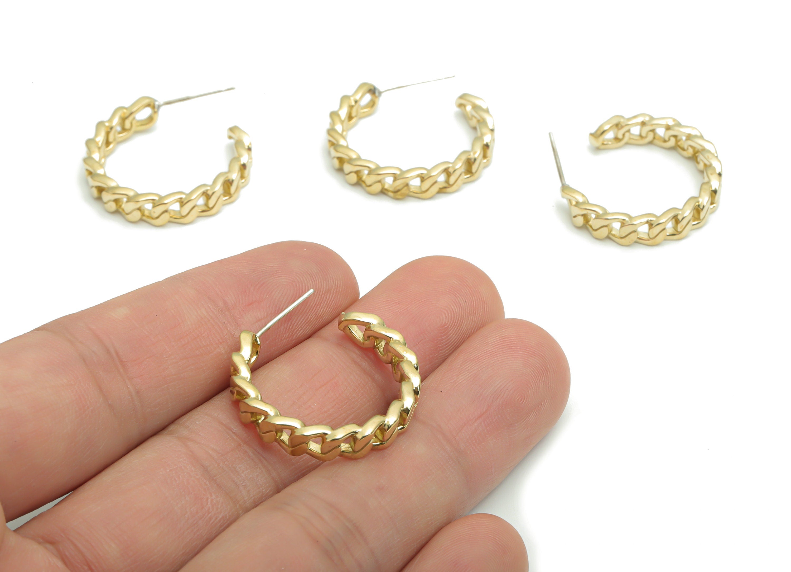 Brass C Earring Stud With Loop - Raw Brass C Curb Chain Hoop Post - Open Hoop Stud - Silver Plated Cupronickel - 24.8x21.71x2.49mm - PP5136 - DOMEDBAZAAR