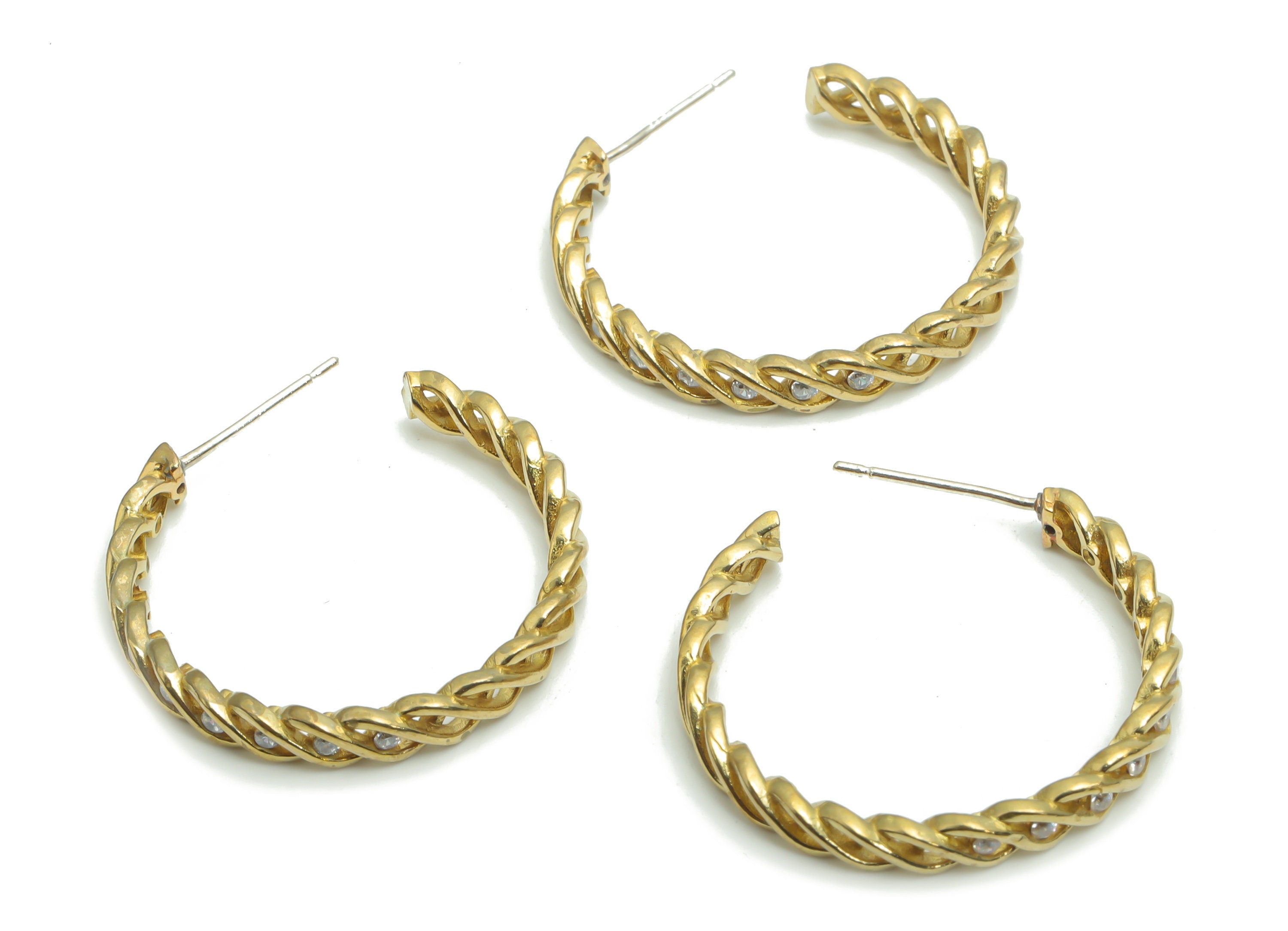 Brass C Earring Stud With Zircons - Raw Brass C Chain Hoop Post - Open Hoop Stud - Silver Plated Cupronickel - 27.3x24.46x2.48mm - PP5144 - DOMEDBAZAAR