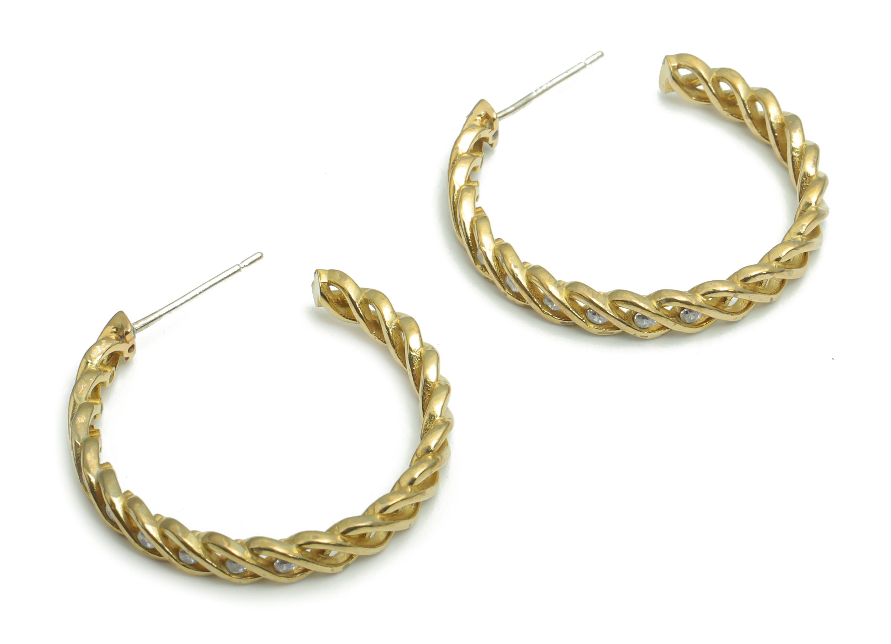 Brass C Earring Stud With Zircons - Raw Brass C Chain Hoop Post - Open Hoop Stud - Silver Plated Cupronickel - 27.3x24.46x2.48mm - PP5144 - DOMEDBAZAAR