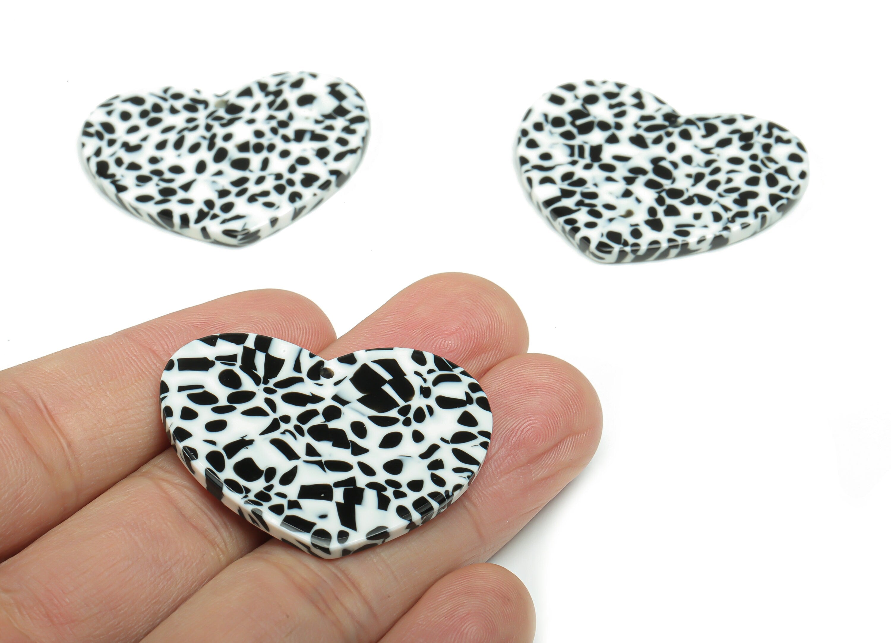 Acetate Heart Earring Charms - Acetate Dalmatian Heart Pendant - Jewelry Supplies - Color Code: A774 - 38.93x31.53x2.36mm - AC2380-A774 - DOMEDBAZAAR