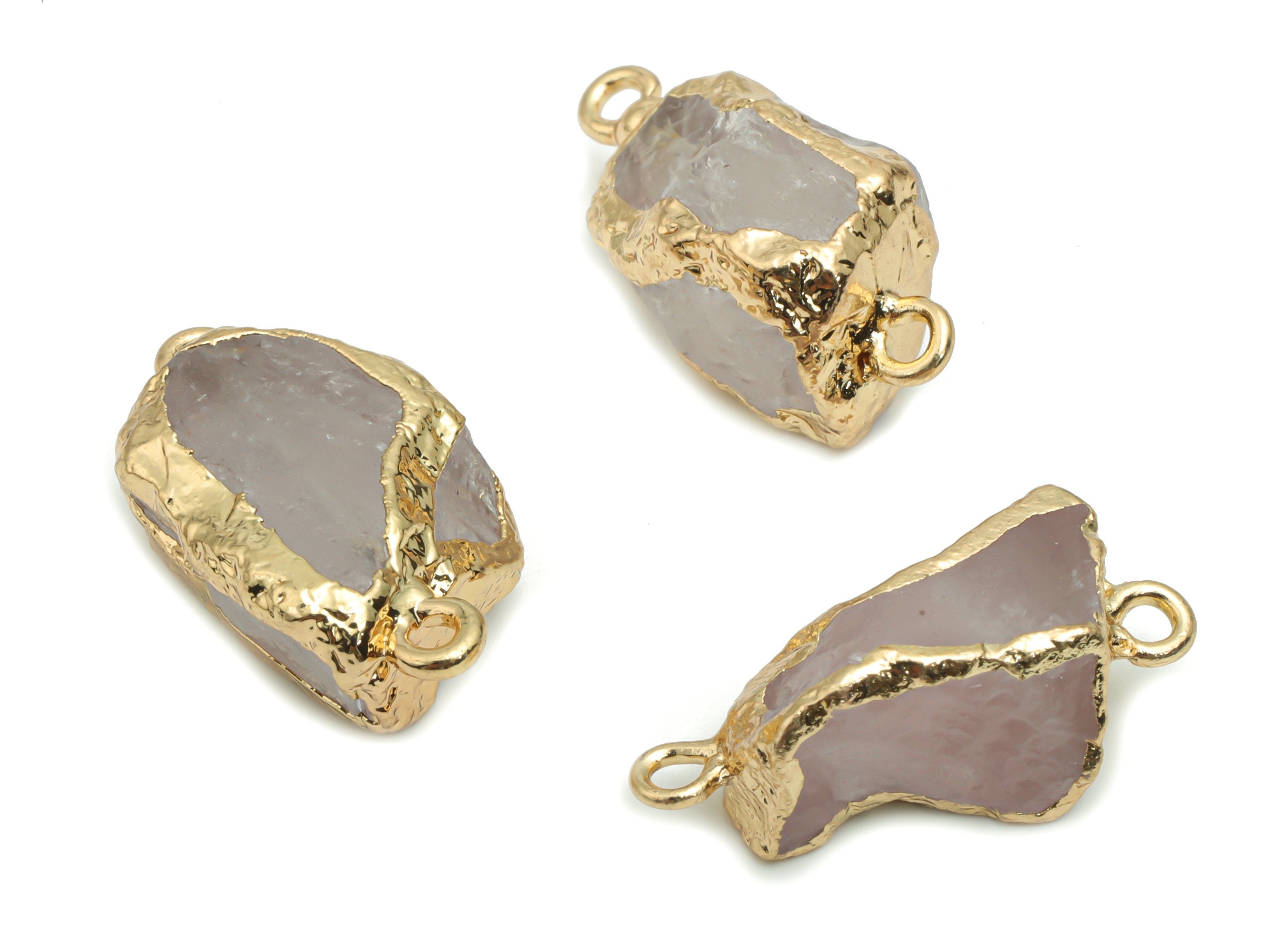 Rose Crystal Quartz Earring Connector - Brass Irregular Charms - Iron Loop - Natural Stone - Gold Tone Plated Brass – 20x13.76x9.82mm–NS1594 - DOMEDBAZAAR