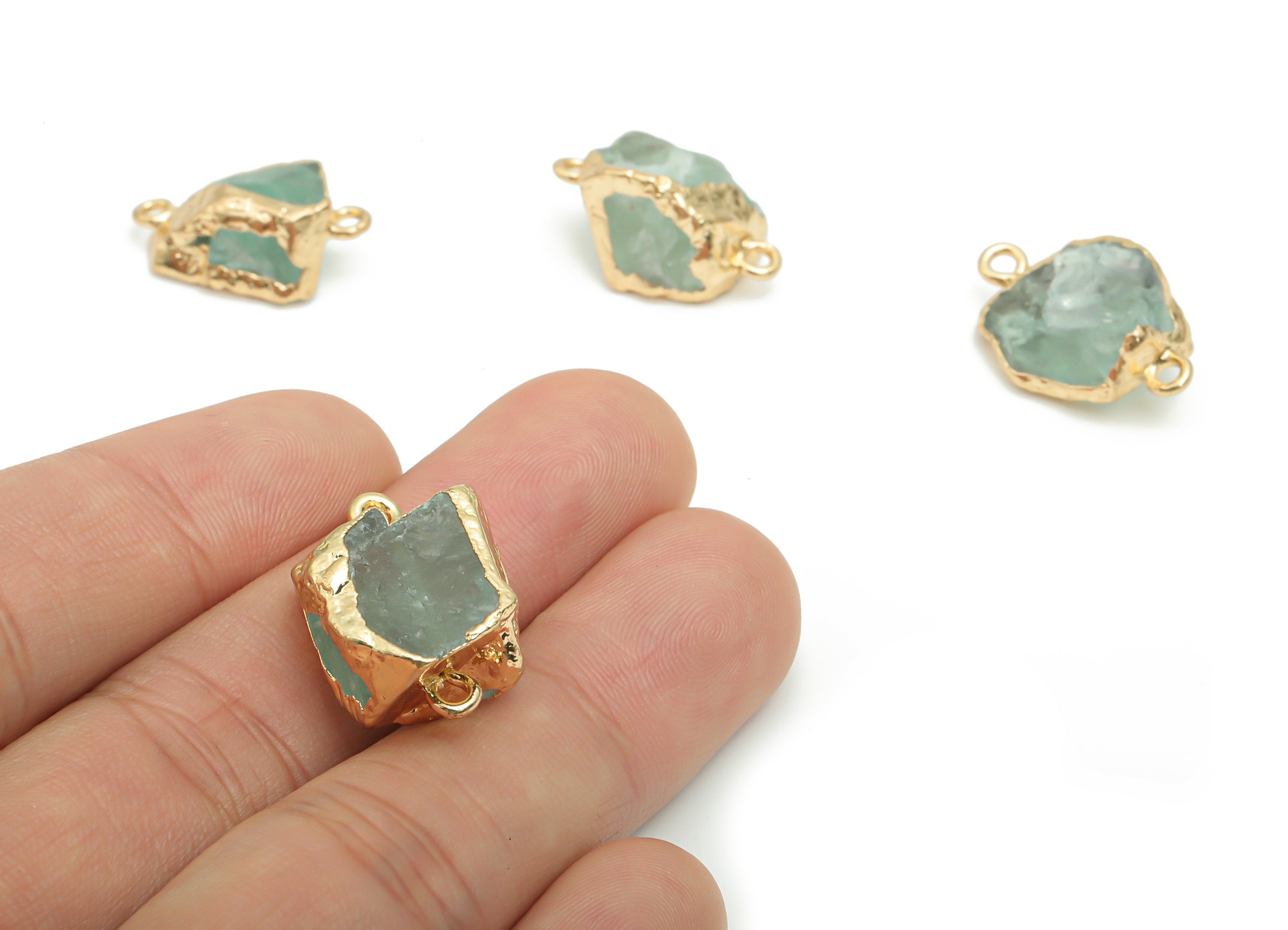Green Fluorite Earring Connector - Brass Irregular Charms - Iron Loop - Natural Stone - Gold Tone Plated Brass – 19.16x9.41x9.23mm – NS1593 - DOMEDBAZAAR
