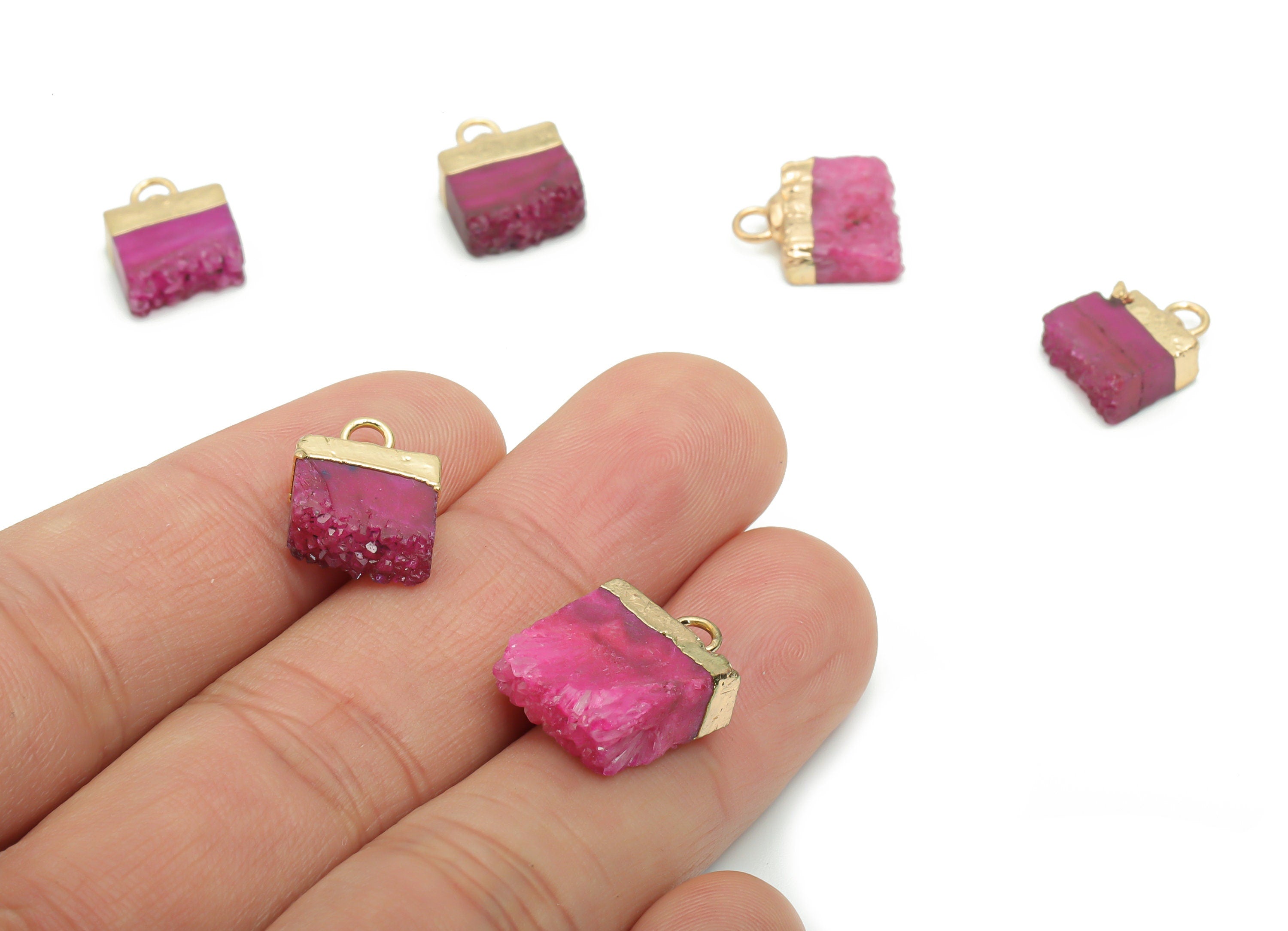 Dyed Quartz Crystal Earring Charms - Brass Square Pendant - Iron Loop - Natural Stone - Gold Tone Plated Brass – 15.89x11.01x4.24mm– NS1573B - DOMEDBAZAAR