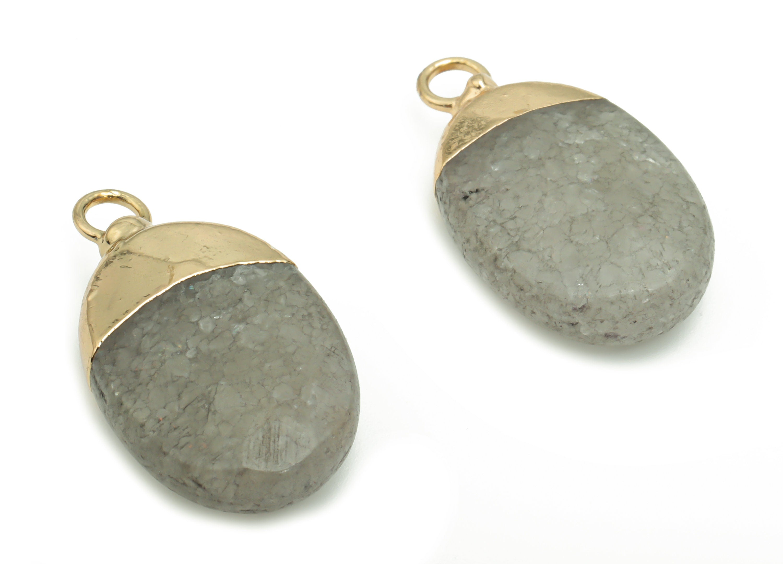 Gray Labradorite Oval Earring Charms - Brass Oval Pendant - Iron Loop - Natural Stone - Gold Tone Plated Brass – 22.74x13.24x5.4mm – NS1563D - DOMEDBAZAAR