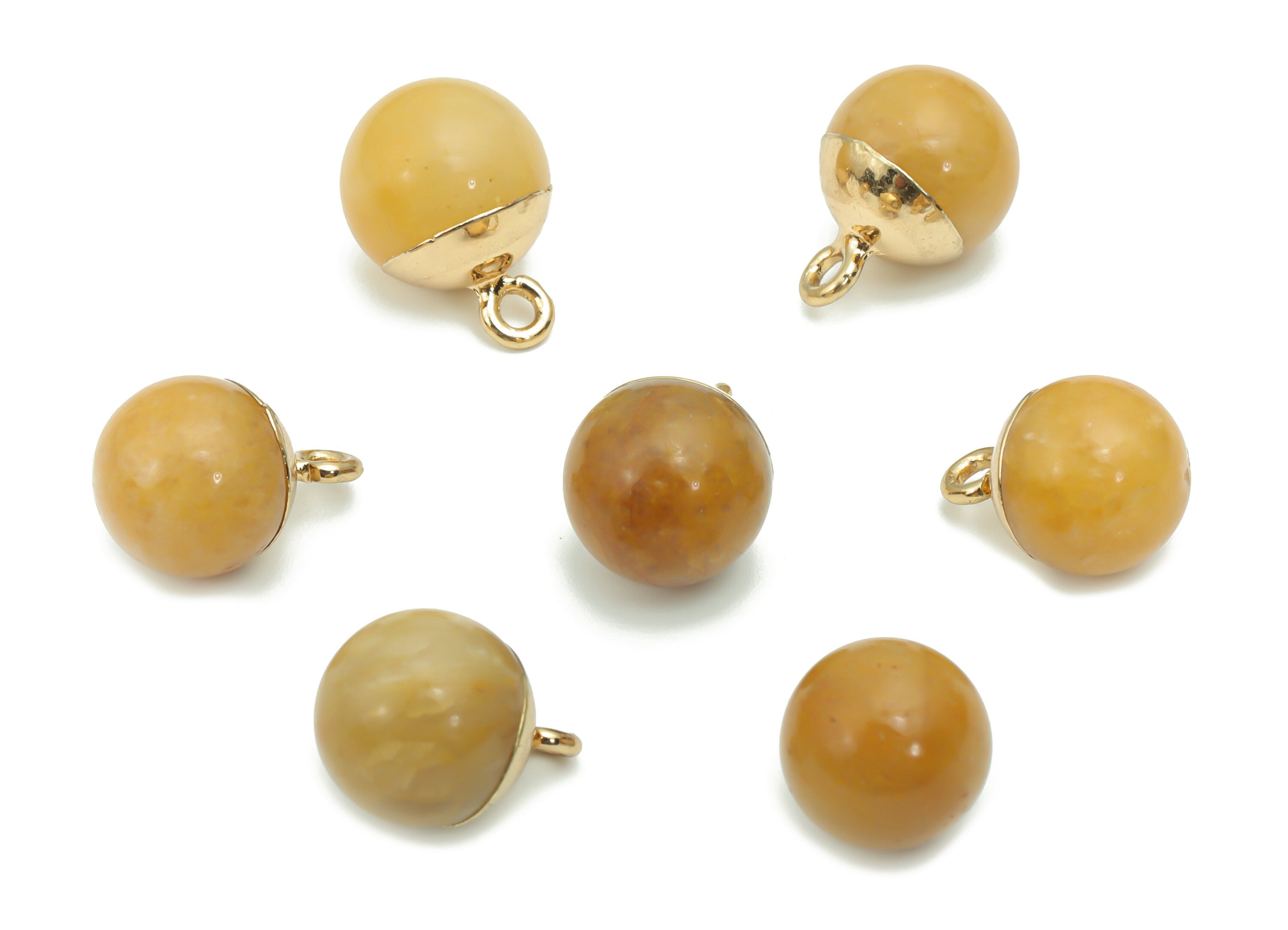 Yellow Dyed Adventurine Ball Beads Charms - Brass Beads Pendant - Iron Loop - Natural Stone - Gold Tone Plated – 14.58x10.8x10.8mm – NS1578F - DOMEDBAZAAR