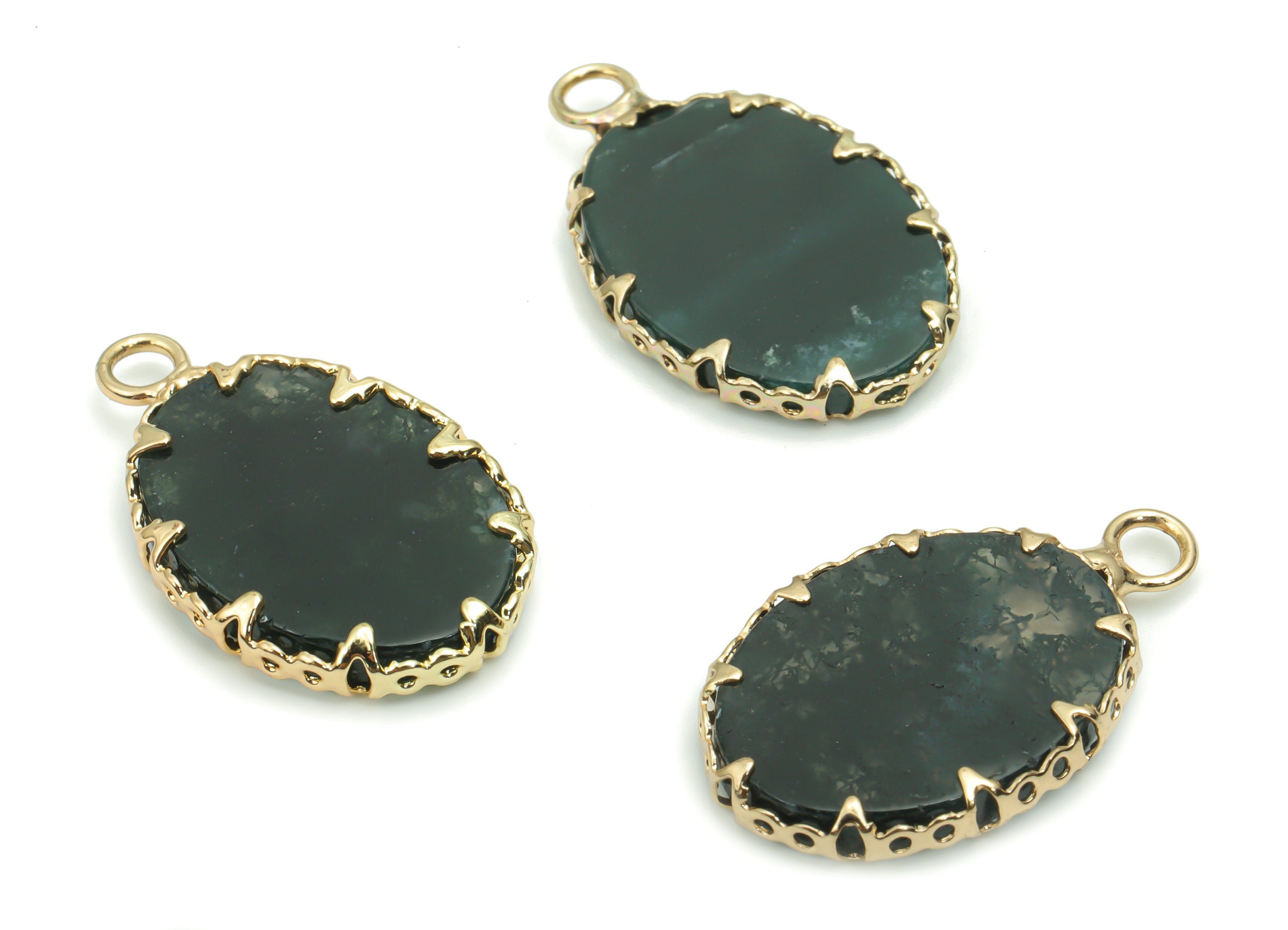 Moss Agate Oval Earring Charms - Brass Frame Pendant - Iron Loop - Natural Stone - Gold Tone Plated Brass – 22.94x14.15x2.43mm – NS1572G - DOMEDBAZAAR