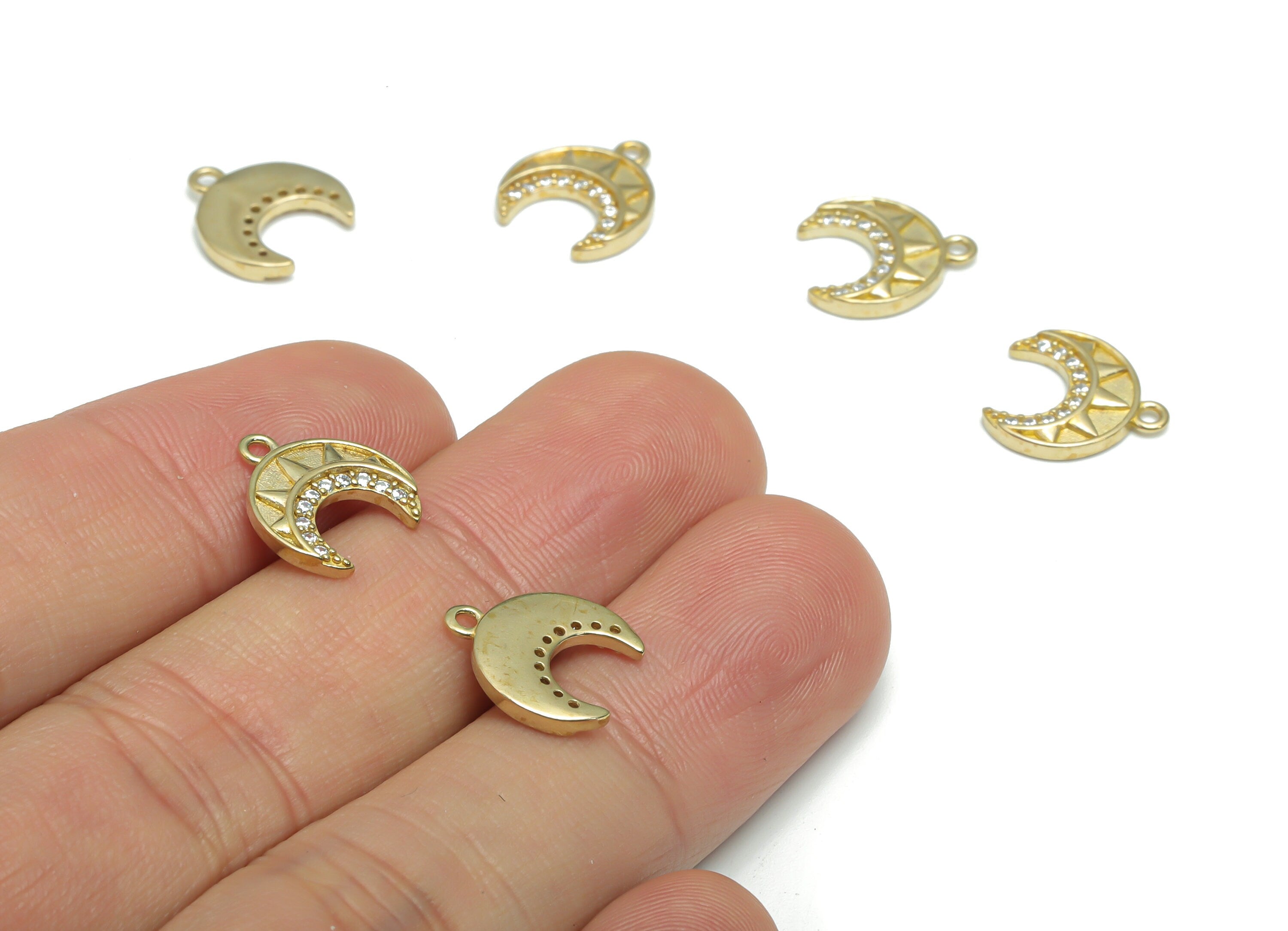 Brass Crescent Earring Charms With Zircons - Raw Brass Moon Sun Pendant - Jewelry Making Supplies - 12.45x11.23x1.8mm - PP5177 - DOMEDBAZAAR
