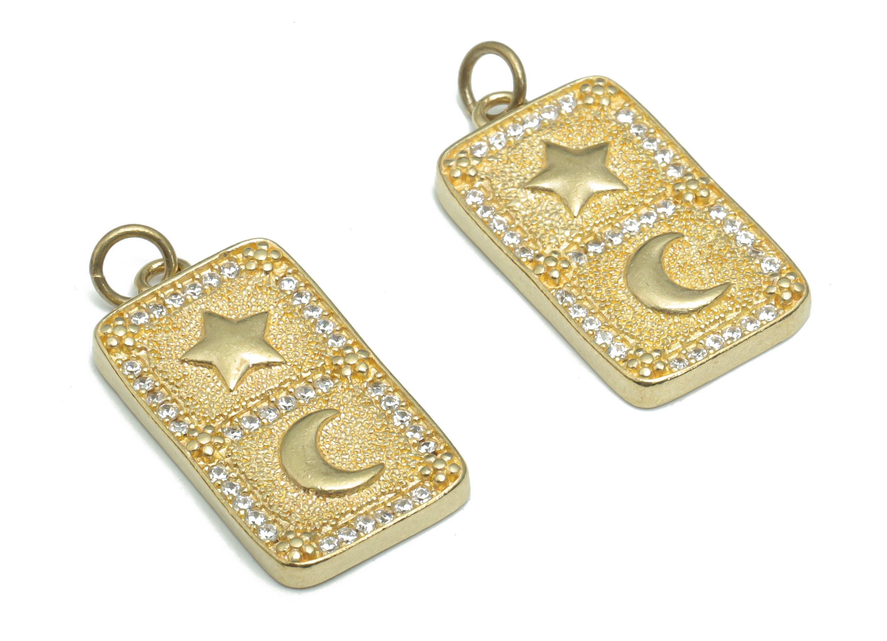 Brass Rectangle Crescent Earring Charms With Zircons - Raw Brass Moon Star Flower Pendant - Jewelry Supplies - 28.29x13.26x2.98mm - PP5169 - DOMEDBAZAAR