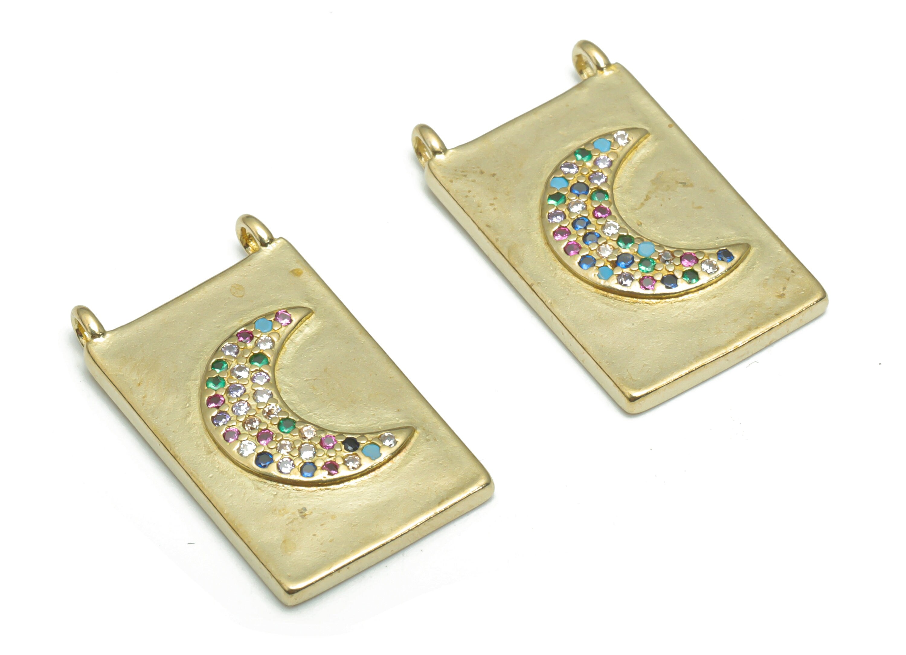 Brass Rectangle Crescent Earring Connectors With Zircons - Raw Brass Rectangle Moon Charms - Jewelry Supplies - 22.07x12.98x2.83mm - PP5171 - DOMEDBAZAAR