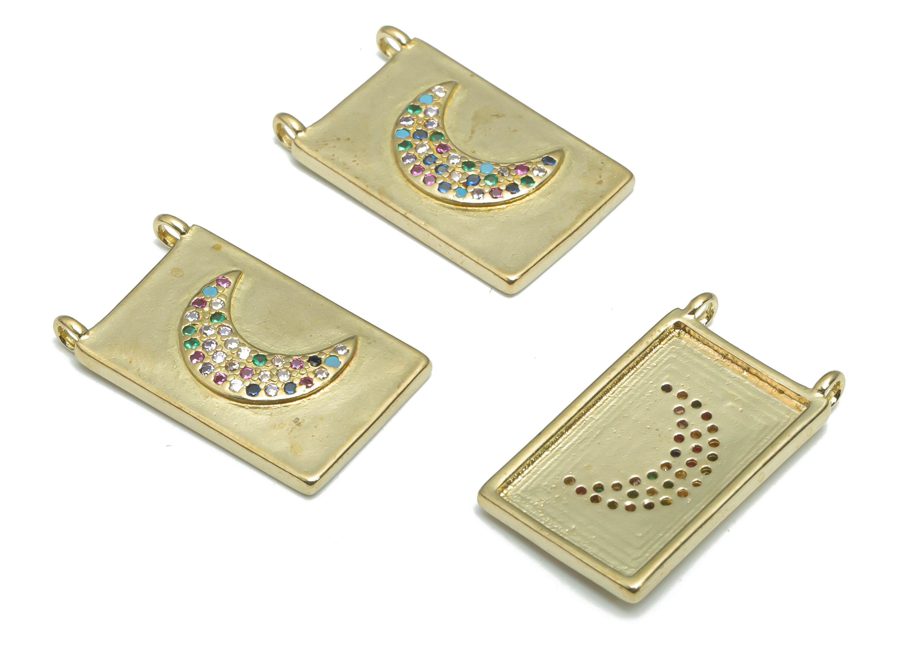 Brass Rectangle Crescent Earring Connectors With Zircons - Raw Brass Rectangle Moon Charms - Jewelry Supplies - 22.07x12.98x2.83mm - PP5171 - DOMEDBAZAAR