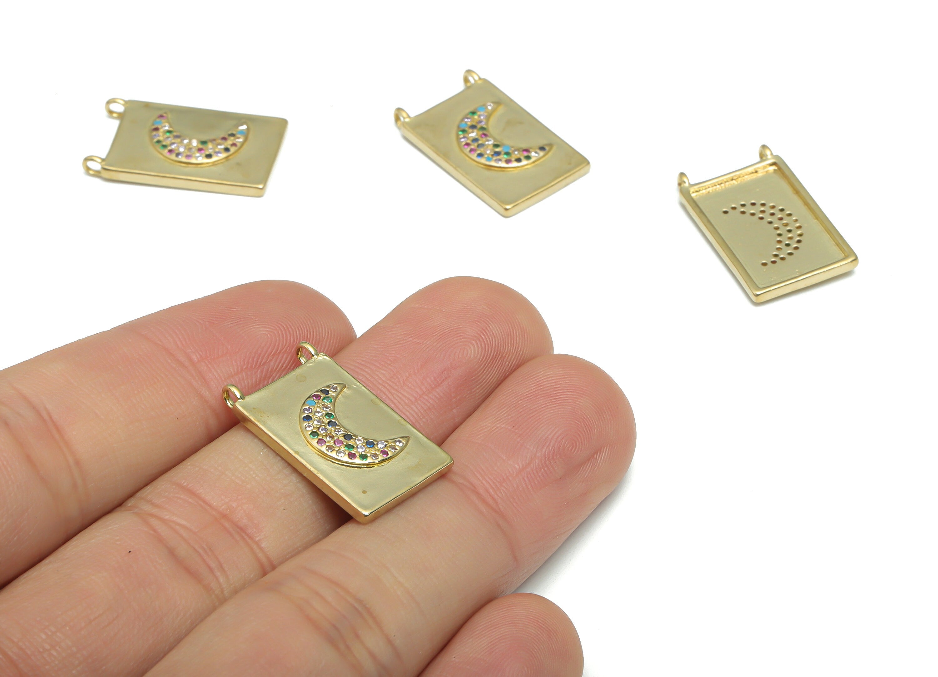 Brass Rectangle Crescent Earring Connectors With Zircons - Raw Brass Rectangle Moon Charms - Jewelry Supplies - 22.07x12.98x2.83mm - PP5171 - DOMEDBAZAAR