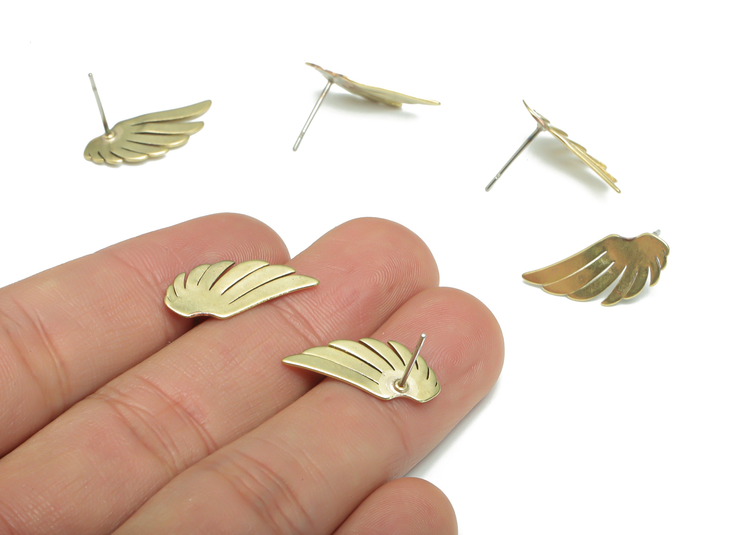 Brass Wing Earring Stud - Raw Brass Leaf Earring Post - Stainless Steel Stud - Earring Findings - Jewelry Supplies - 20.7x9.2x1.1mm - PP5150 - DOMEDBAZAAR