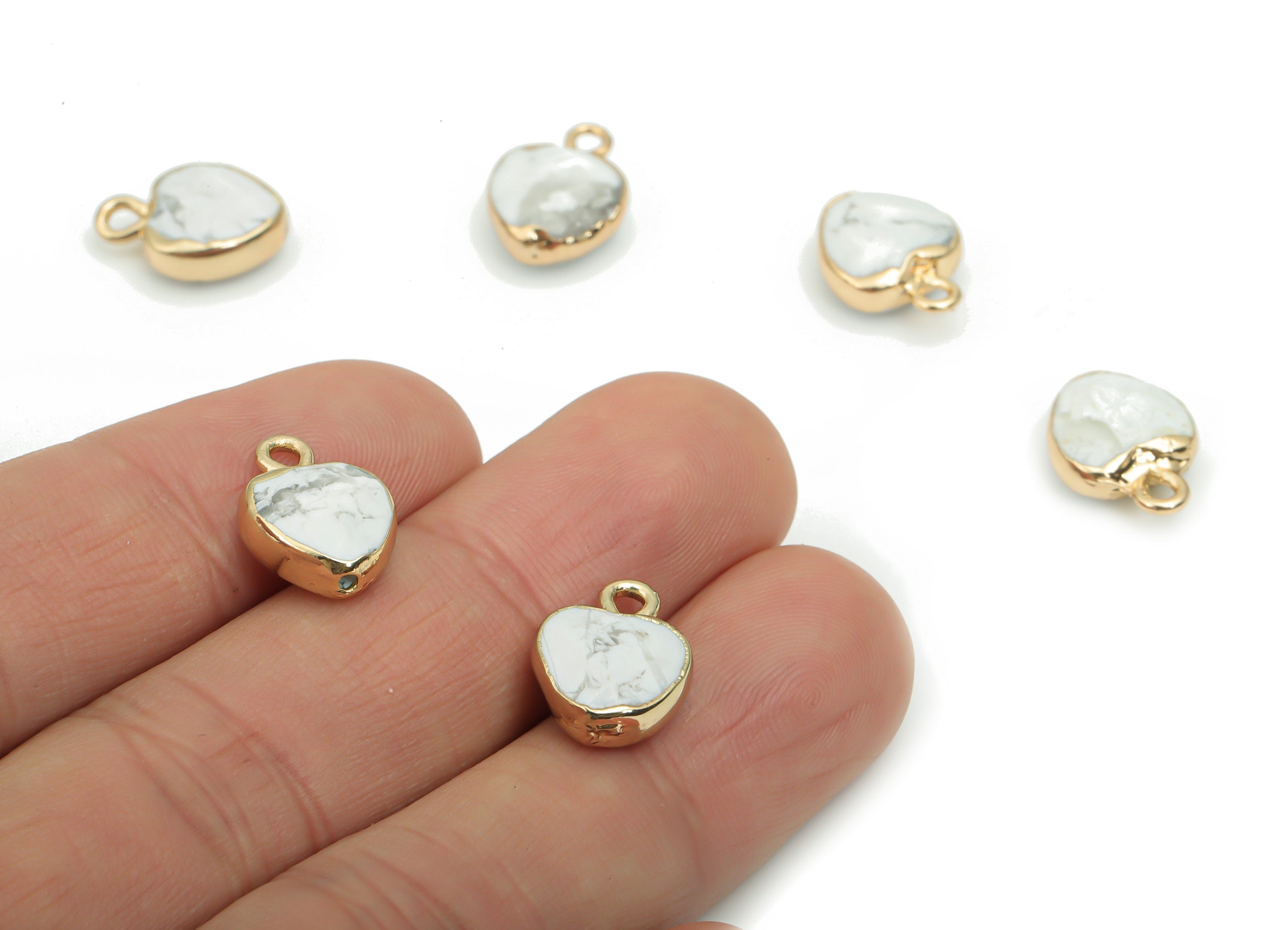 Howlite Heart Earring Charms - Brass Heart Pendant - Iron Loop - Natural Stone - Gold Tone Plated Brass – 14.07x10.44x5mm – NS1568B - DOMEDBAZAAR