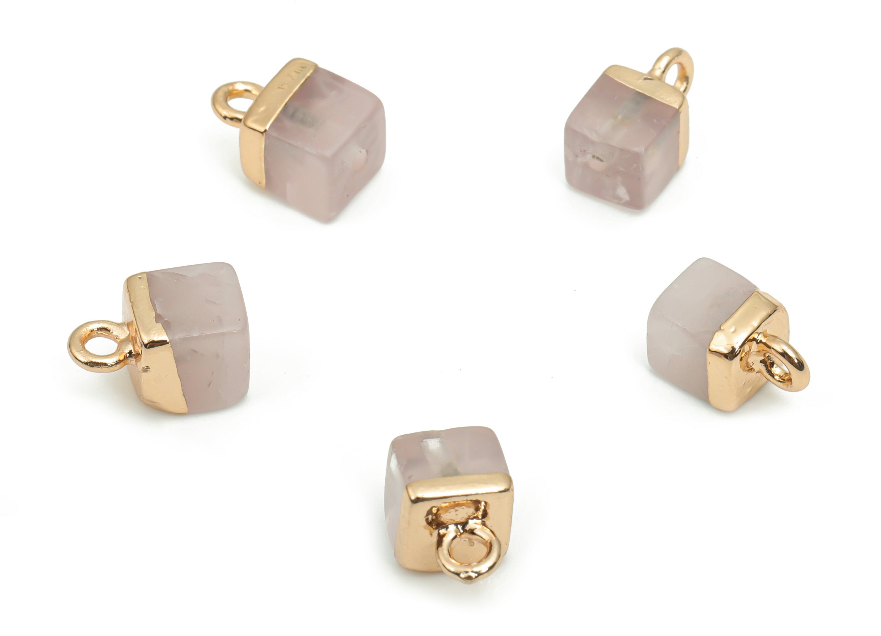 Rose Crystal Quartz Earring Charms - Brass Square Pendant - Iron Loop - Natural Stone - Gold Tone Plated Brass – 10.31x6.8x6.8mm – NS1564B - DOMEDBAZAAR