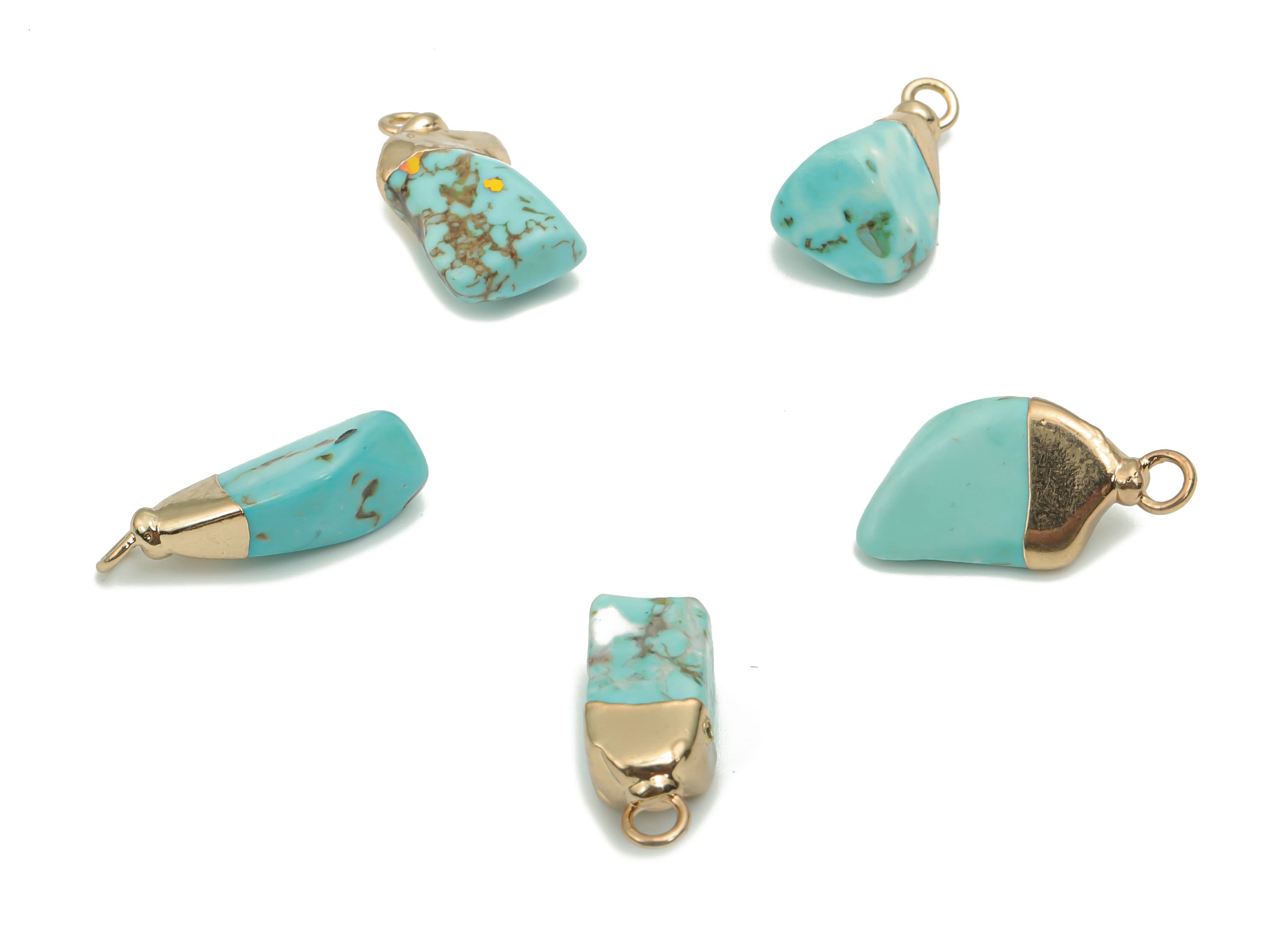 Blue Turquoise Earring Charms - Brass Irregular Pendant - Iron Loop - Fumbled Stone - Gold Tone Plated Brass – 18.39x11.71x7.28mm – NS1583 - DOMEDBAZAAR