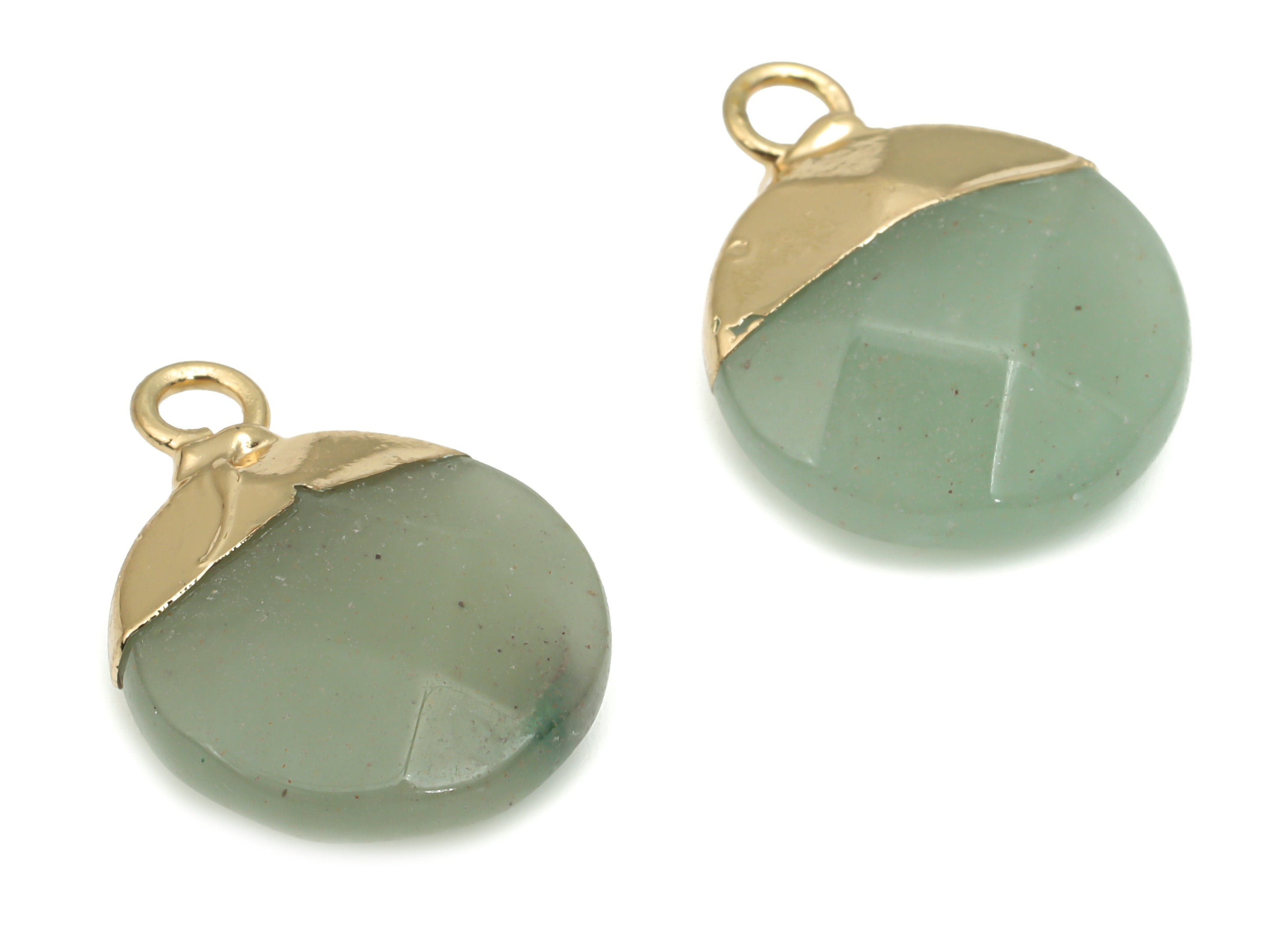 Aventurine Round Charms - Brass Circle Pendant - Iron Loop - Faceted Natural Stone - Gold Tone Plated Brass – 18.96x14.8x5.69mm – NS1570D - DOMEDBAZAAR