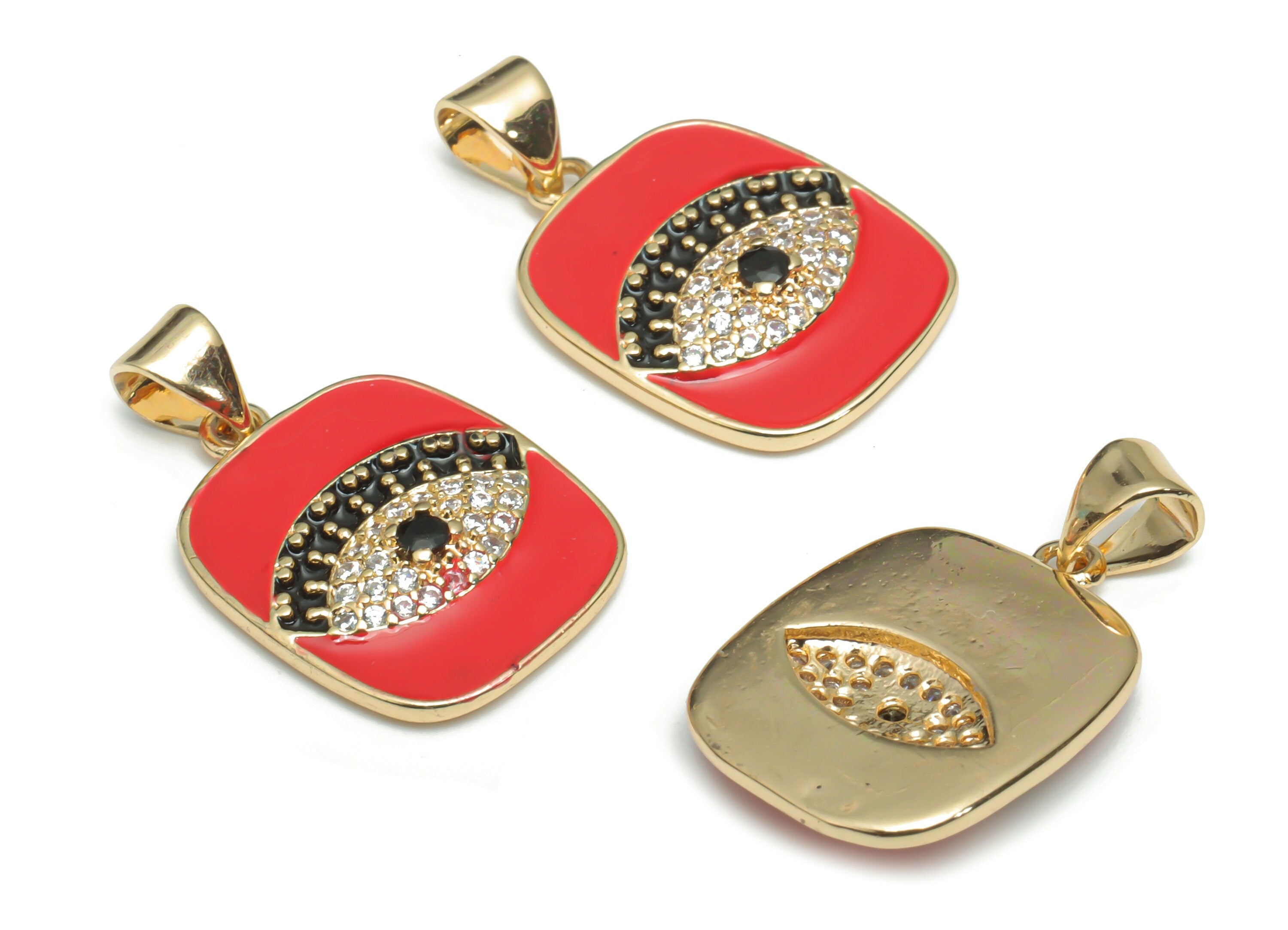 Brass Square Eye Earring Charms With Zircons - Enamel Gold Square Eyelash Pendant - 18K Real Gold Plated Brass - 24.43x14.6x3.4mm - RGP4298C - DOMEDBAZAAR