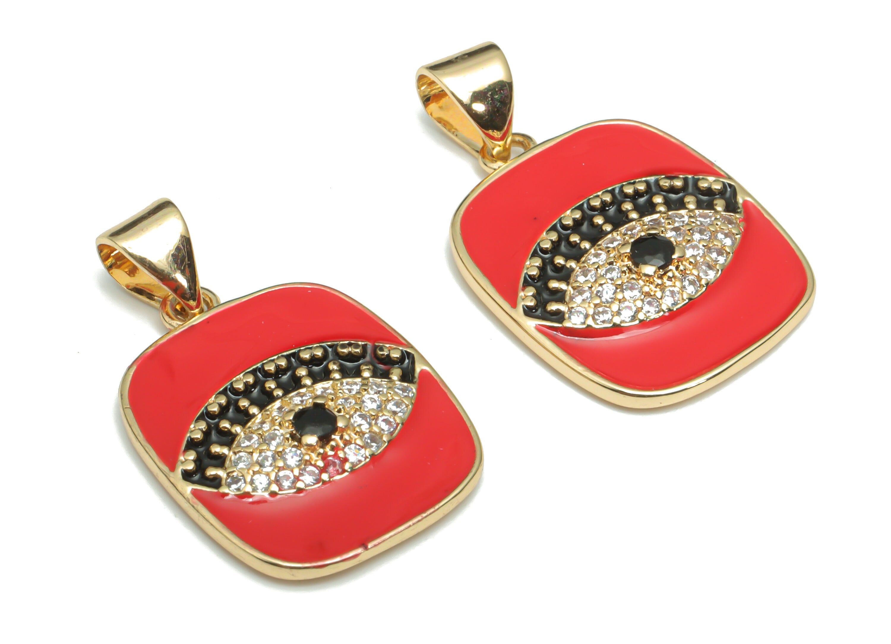Brass Square Eye Earring Charms With Zircons - Enamel Gold Square Eyelash Pendant - 18K Real Gold Plated Brass - 24.43x14.6x3.4mm - RGP4298C - DOMEDBAZAAR
