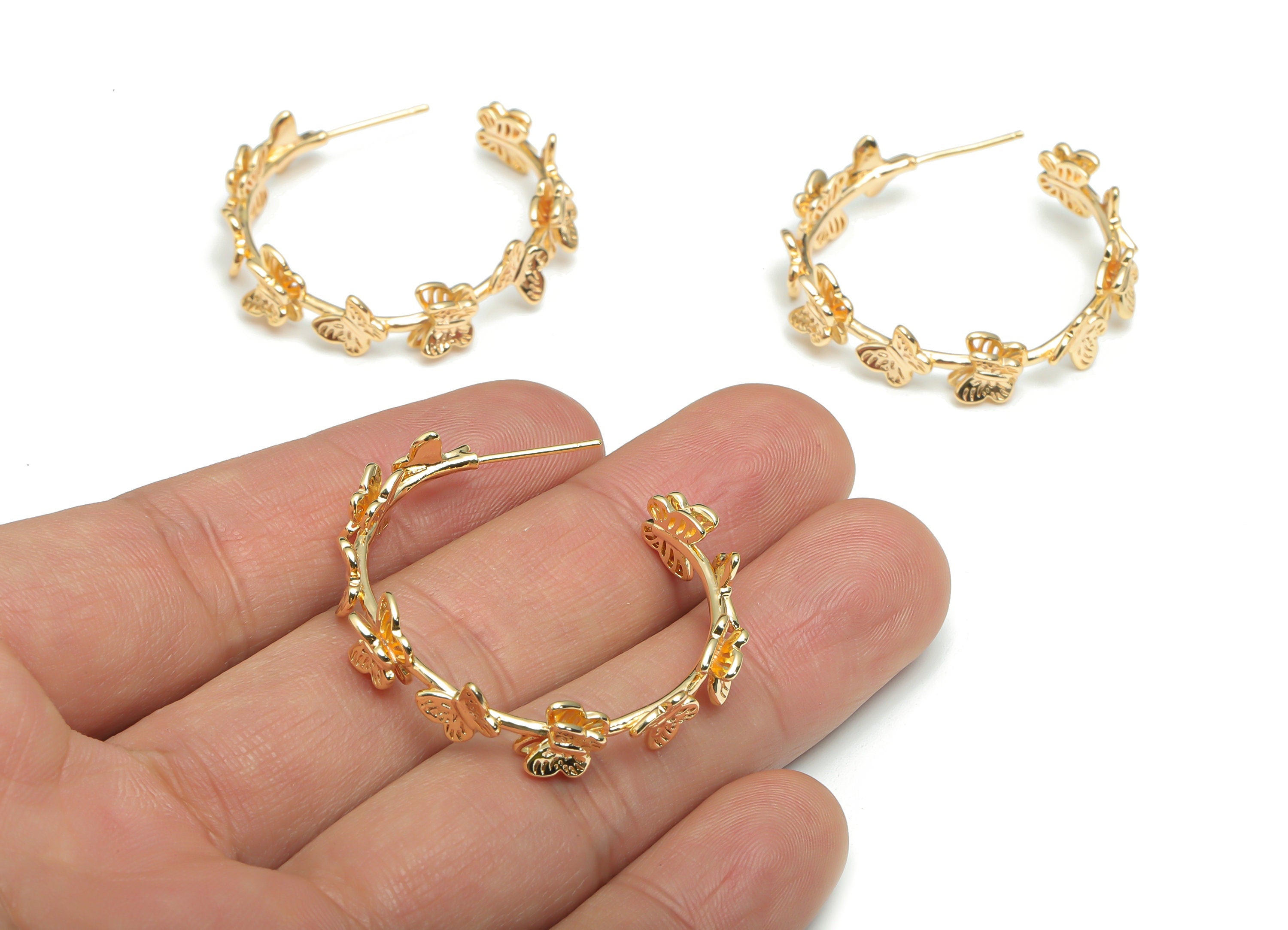 Brass Hoop Butterfly Earring Stud - Gold Hoop Butterfly Post - Stainless Steel Stud - 18k Real Gold Plated Brass - 37.2x34.1x3.5mm - RGP4303 - DOMEDBAZAAR