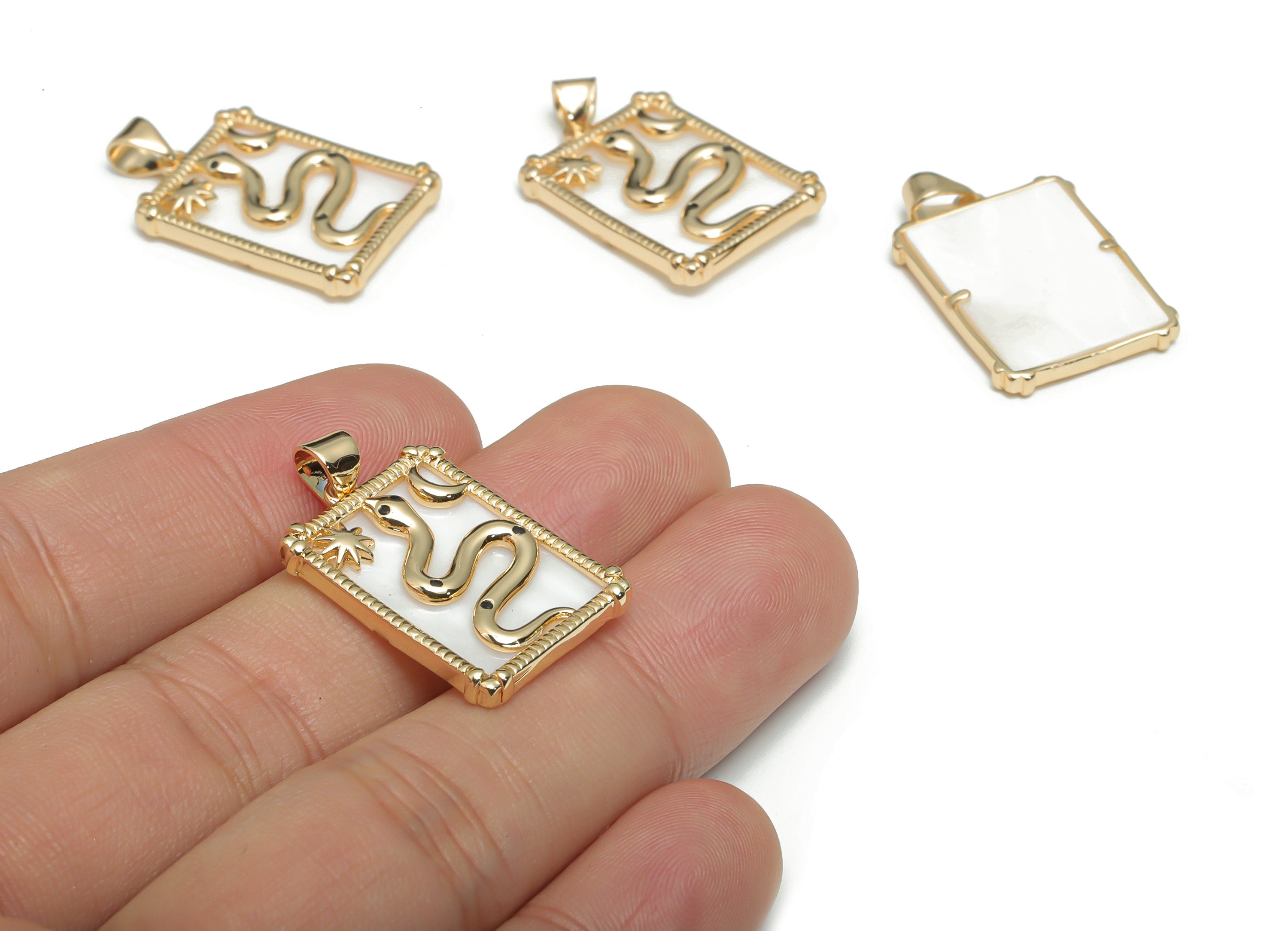 Brass Rectangle Planet Crescent Earring Charms - Shell Snake Star Moon Pendant - 18K Real Gold Plated Brass - 29.2x17.8x3.1mm - RGP4300D - DOMEDBAZAAR