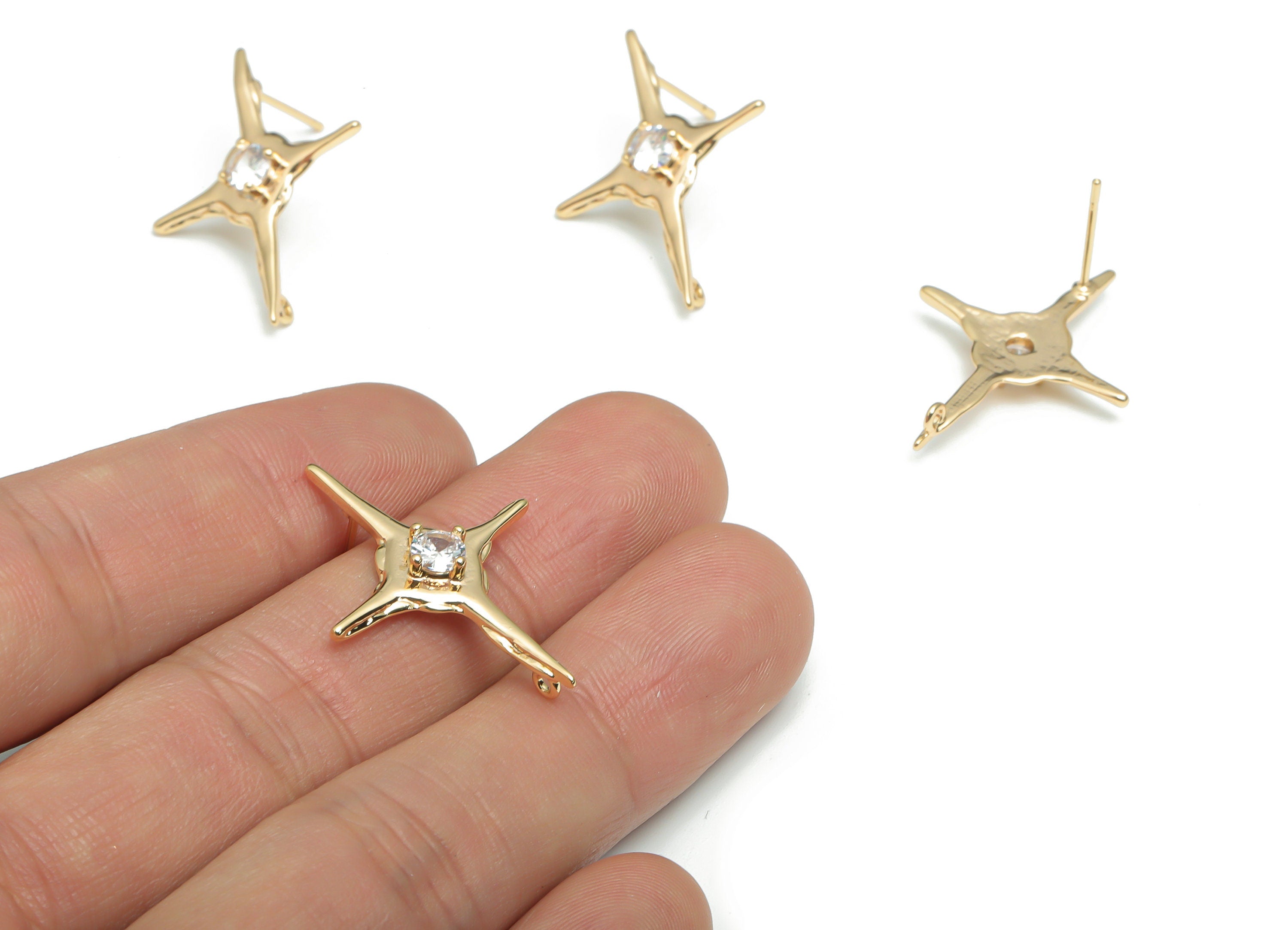 Brass Planet Earring Stud With Zircon - Gold Star Earring Post - Stainless Steel Stud - 18K Gold Plated Brass - 30.85x22.61x3.57mm - RGP4308 - DOMEDBAZAAR