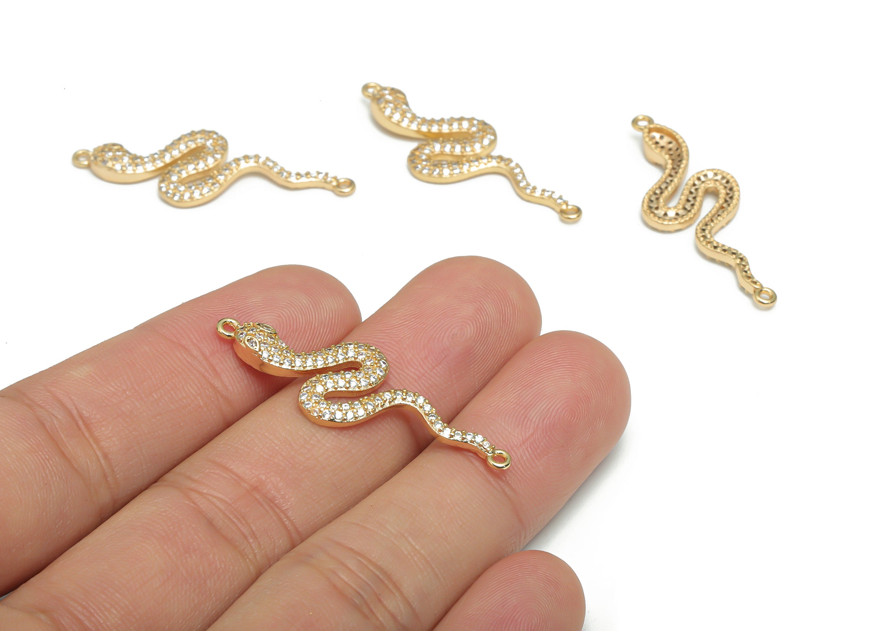 Brass Snake Earring Connectors With Zircons - Gold Snake Charms and Pendant - 18K Real Gold Plated Brass - 38.22x13.51x3.15mm - RGP4310 - DOMEDBAZAAR