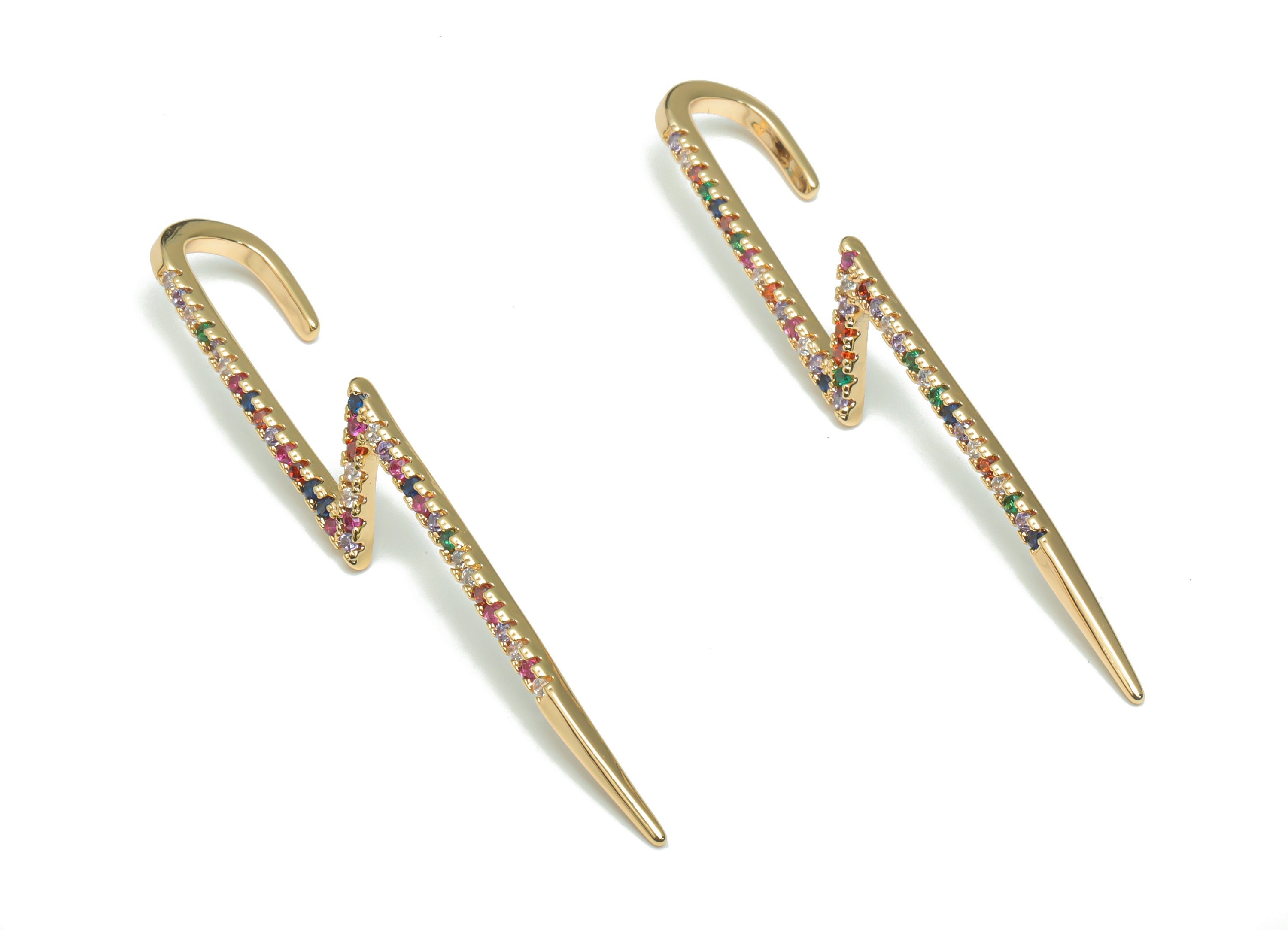 Brass Lightning Earring Earcuff With Zircons - Gold Thunderbolt Lightning Earcuff - 18K Real Gold Plated Brass - 58.66x1.89x1.93mm - RGP4326 - DOMEDBAZAAR