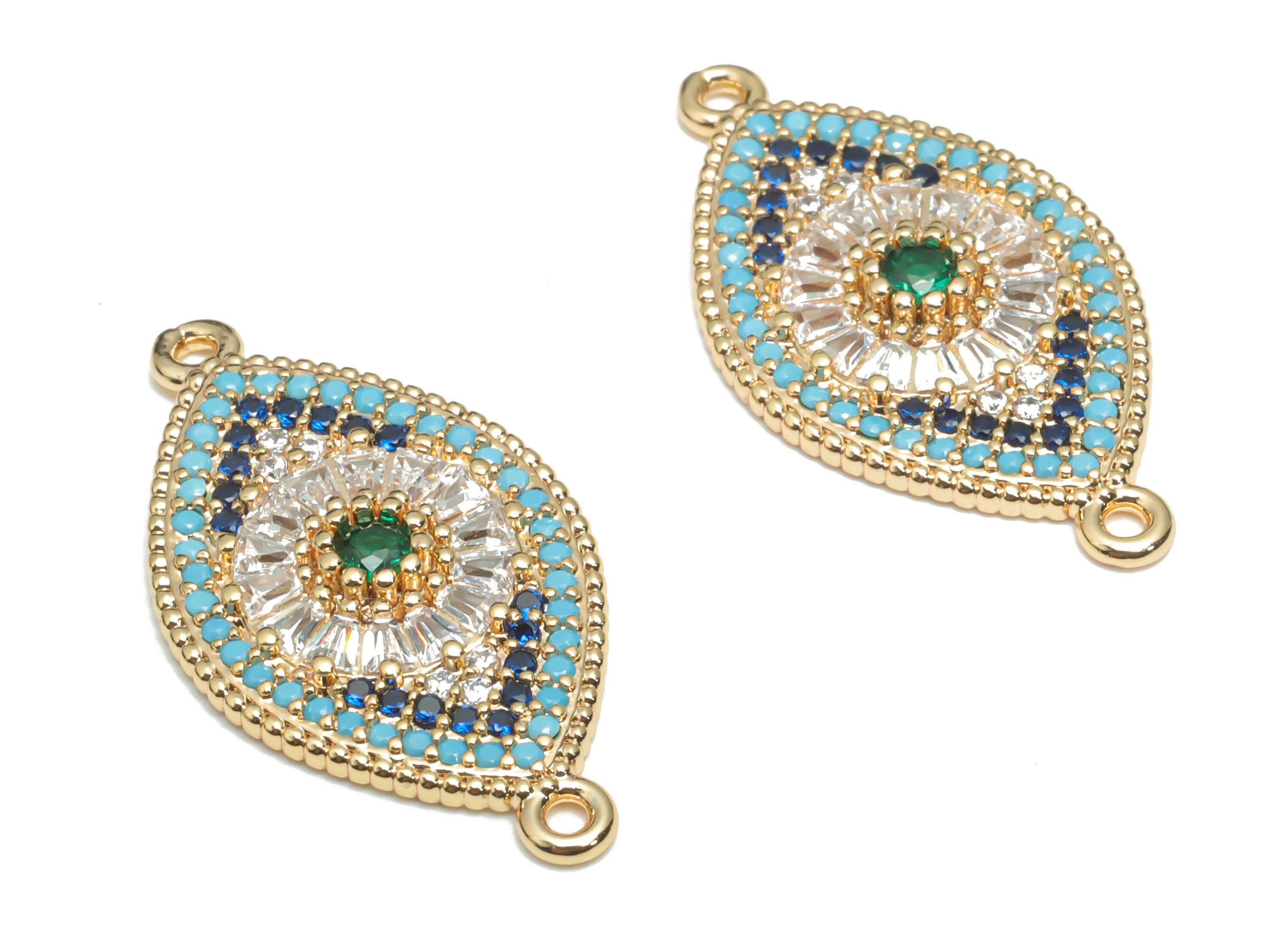 Brass Diamond Sun Eye Earring Connectors With Zircons - Gold Rhombus Sun Charms - 18K Real Gold Plated Brass - 26.75x14.7x2.79mm - RGP4315 - DOMEDBAZAAR