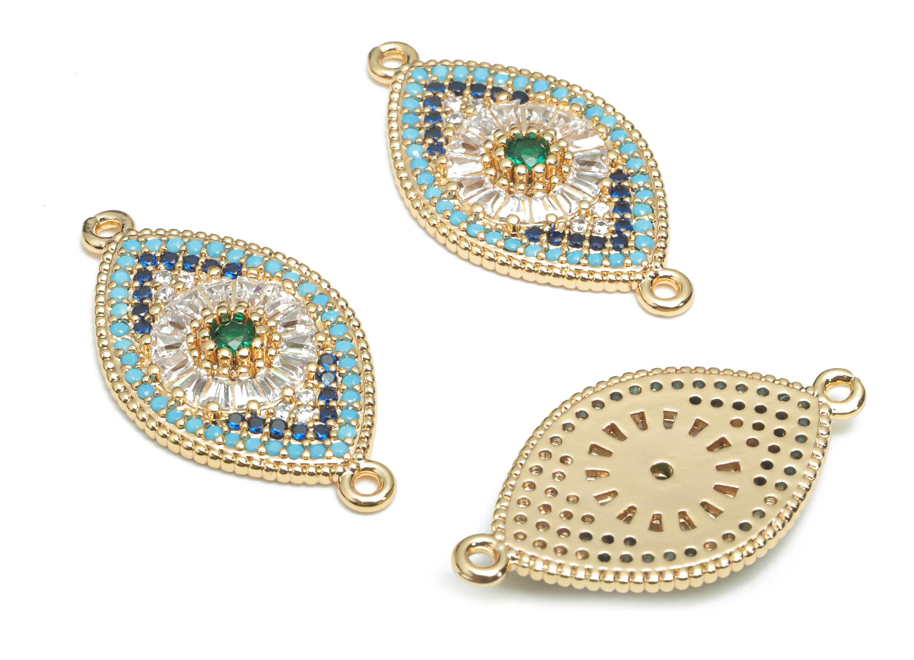 Brass Diamond Sun Eye Earring Connectors With Zircons - Gold Rhombus Sun Charms - 18K Real Gold Plated Brass - 26.75x14.7x2.79mm - RGP4315 - DOMEDBAZAAR