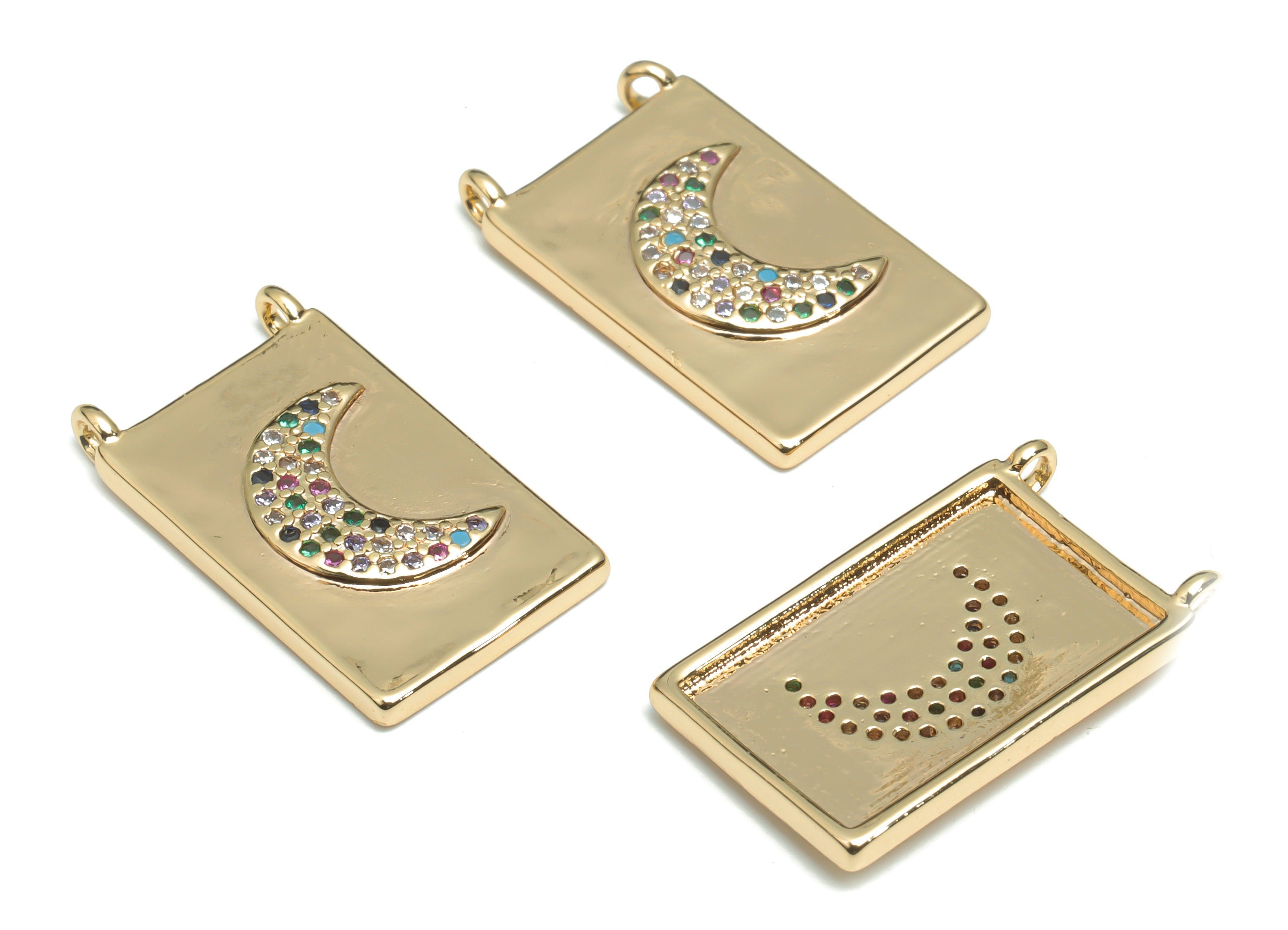 Brass Rectangle Crescent Connectors With Zircons - Gold Rectangle Moon Charms - 18K Real Gold Plated Brass - 22.25x13.2x2.56mm - RGP4322 - DOMEDBAZAAR