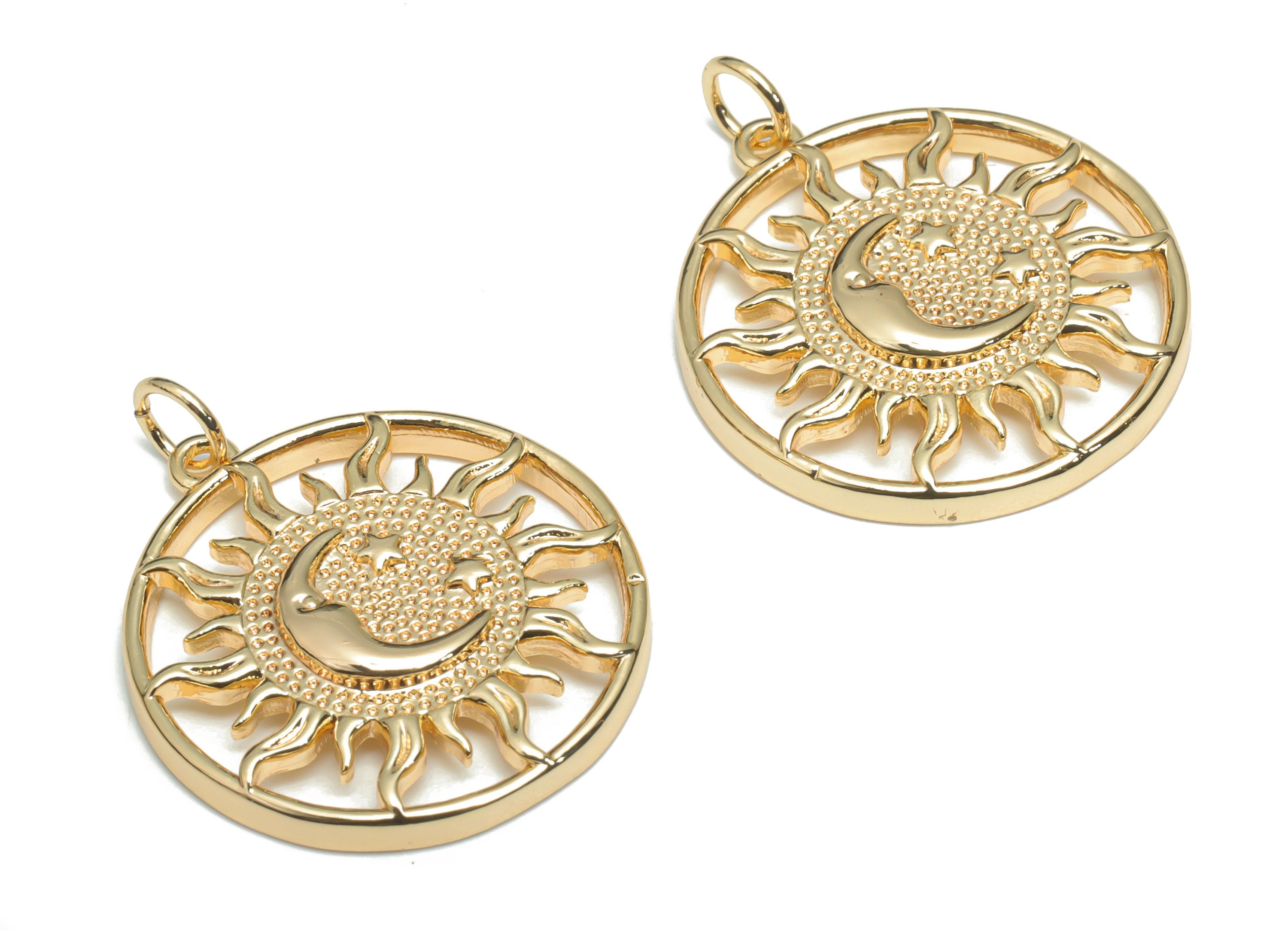 Brass Round Sun Planet Crescent Earring Charms - Gold Moon Star Circle Pendant - 18K Real Gold Plated Brass - 26.62x21.78x3.58mm - RGP4318 - DOMEDBAZAAR