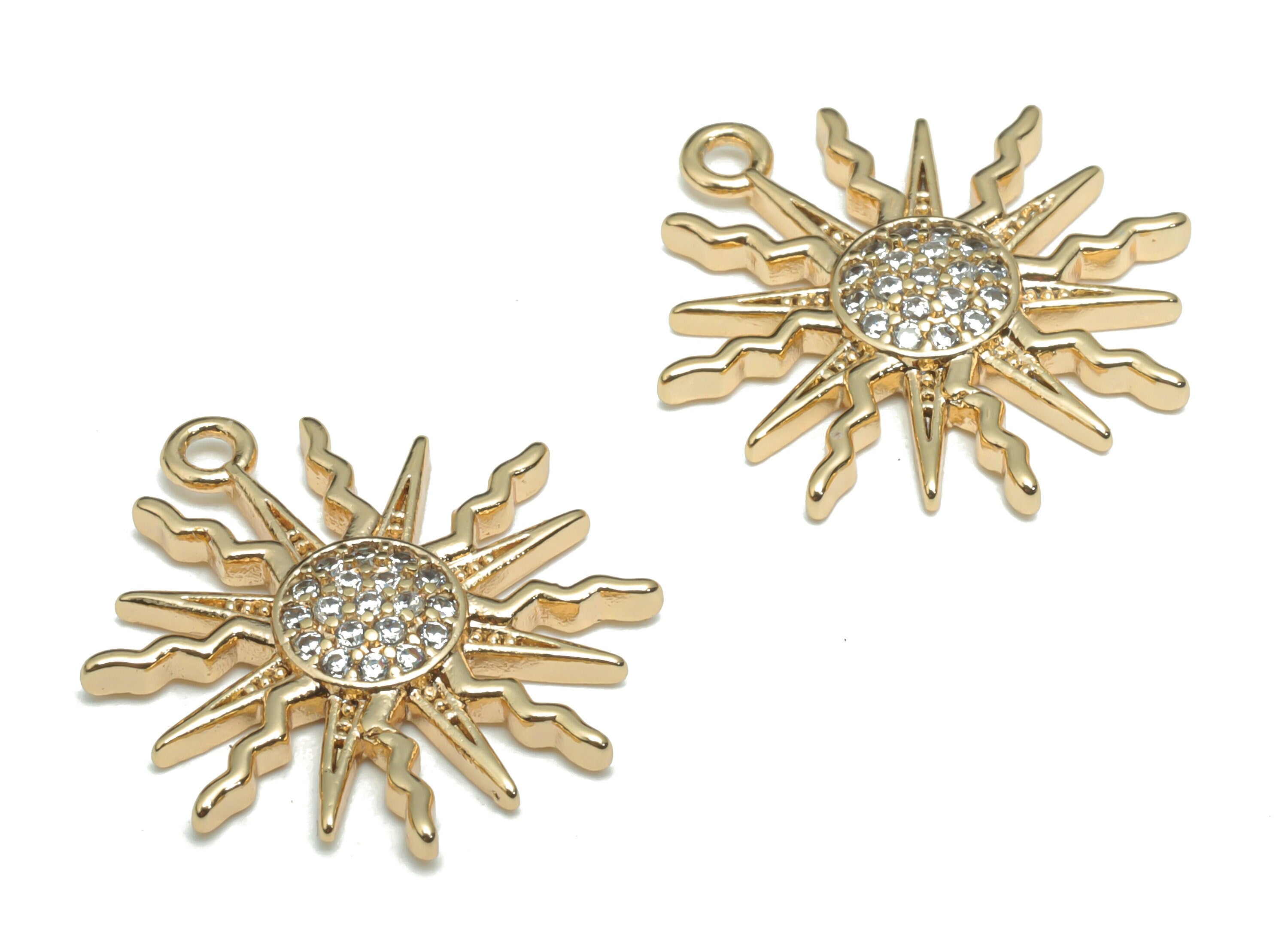 Brass Sun Earring Charms With Zircons - Gold Sun Pendant - 18K Real Gold Plated Brass - Jewelry Making Supplies - 18.73x16.4x2.4mm - RGP4321 - DOMEDBAZAAR