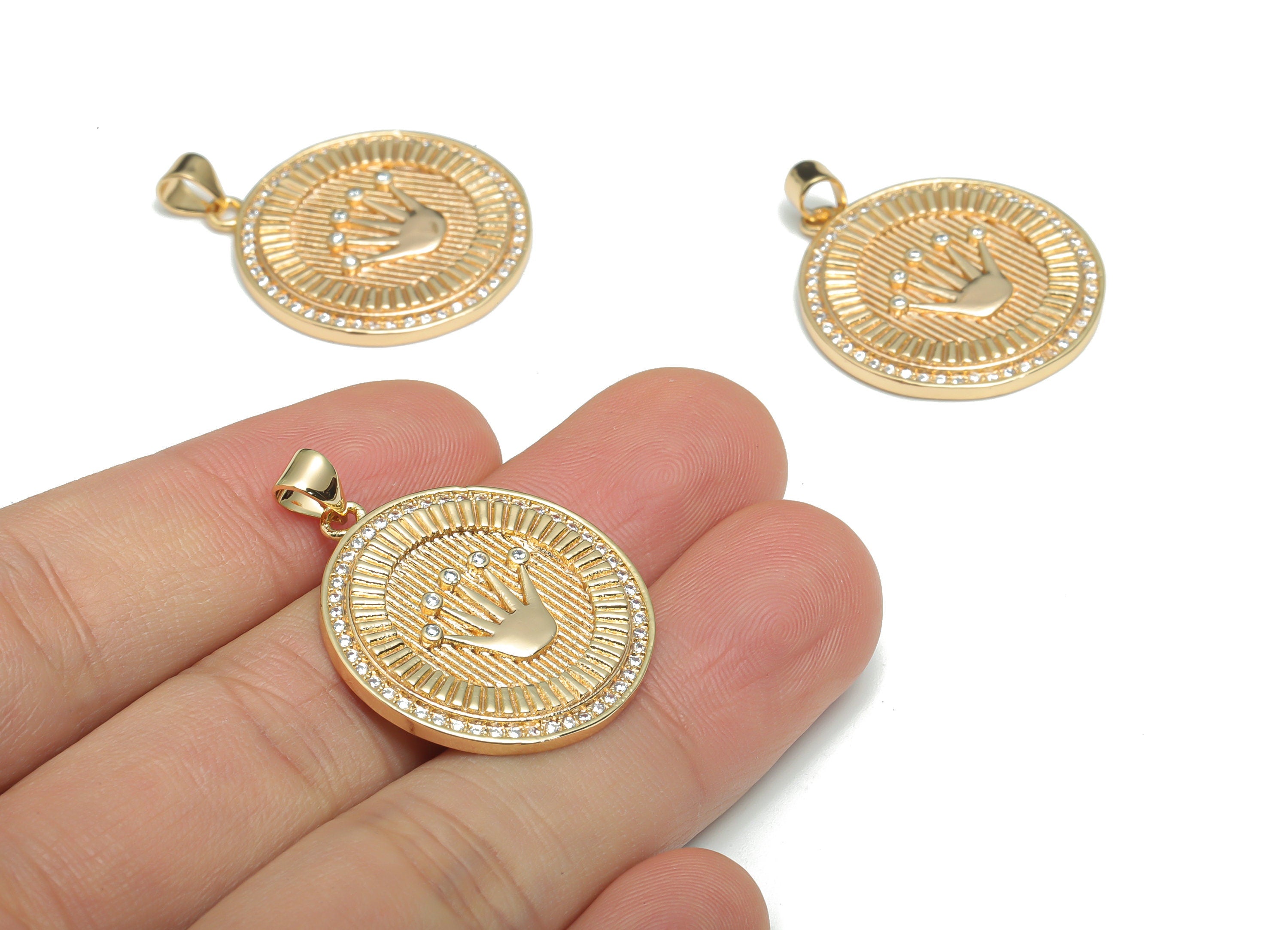 Brass Round Crown Earring Charms With Zircons - Gold Hand Circle Pendant - 18K Real Gold Plated Brass - 32.98x25.74x2.5mm - RGP4317 - DOMEDBAZAAR