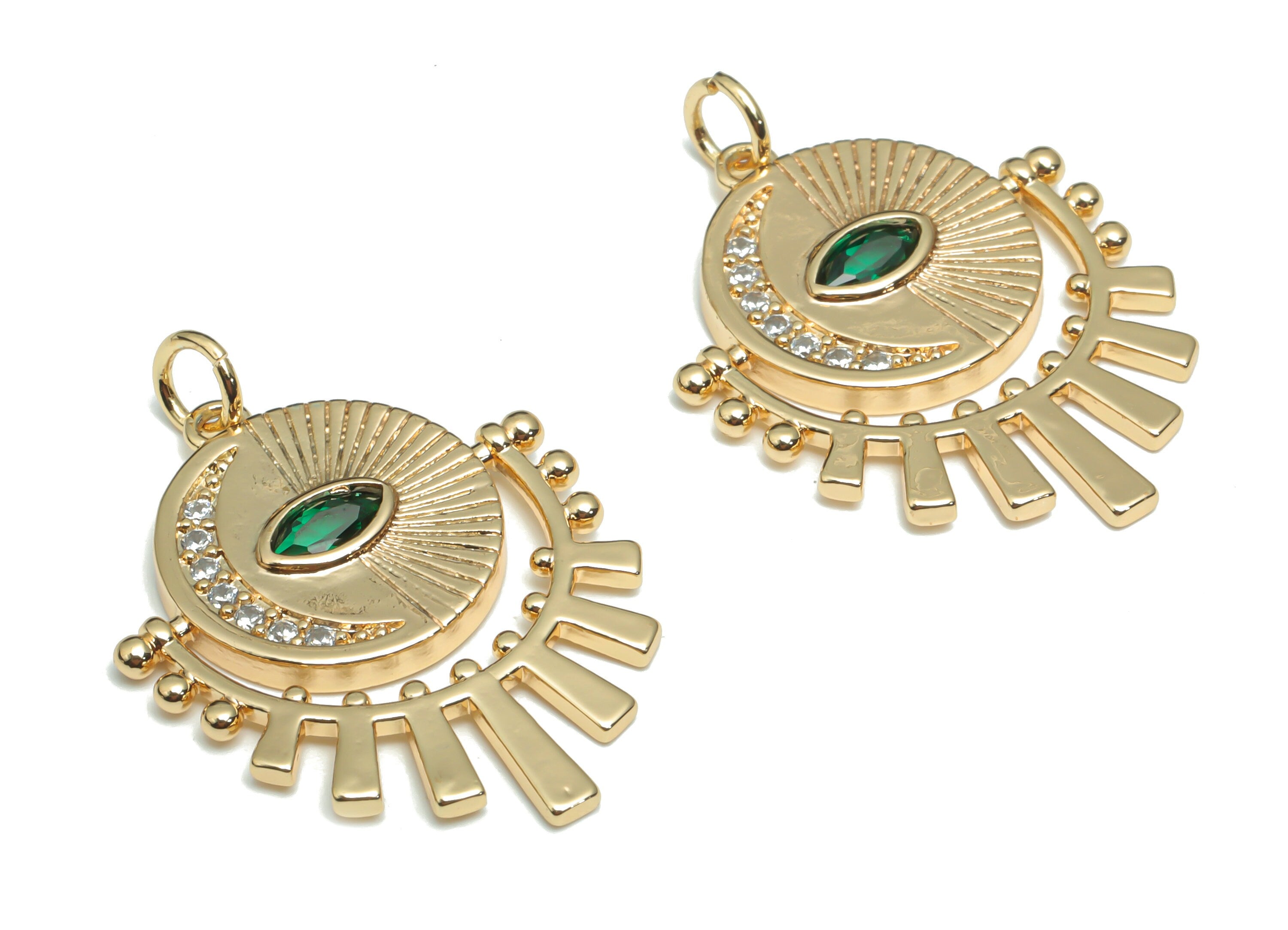 Brass Round Crescent Eye Earring Charms With Zircons - Gold Sun Moon Eyelash Pendant - 18K Real Gold Plated Brass - 30.6x22x2.5mm - RGP4324 - DOMEDBAZAAR