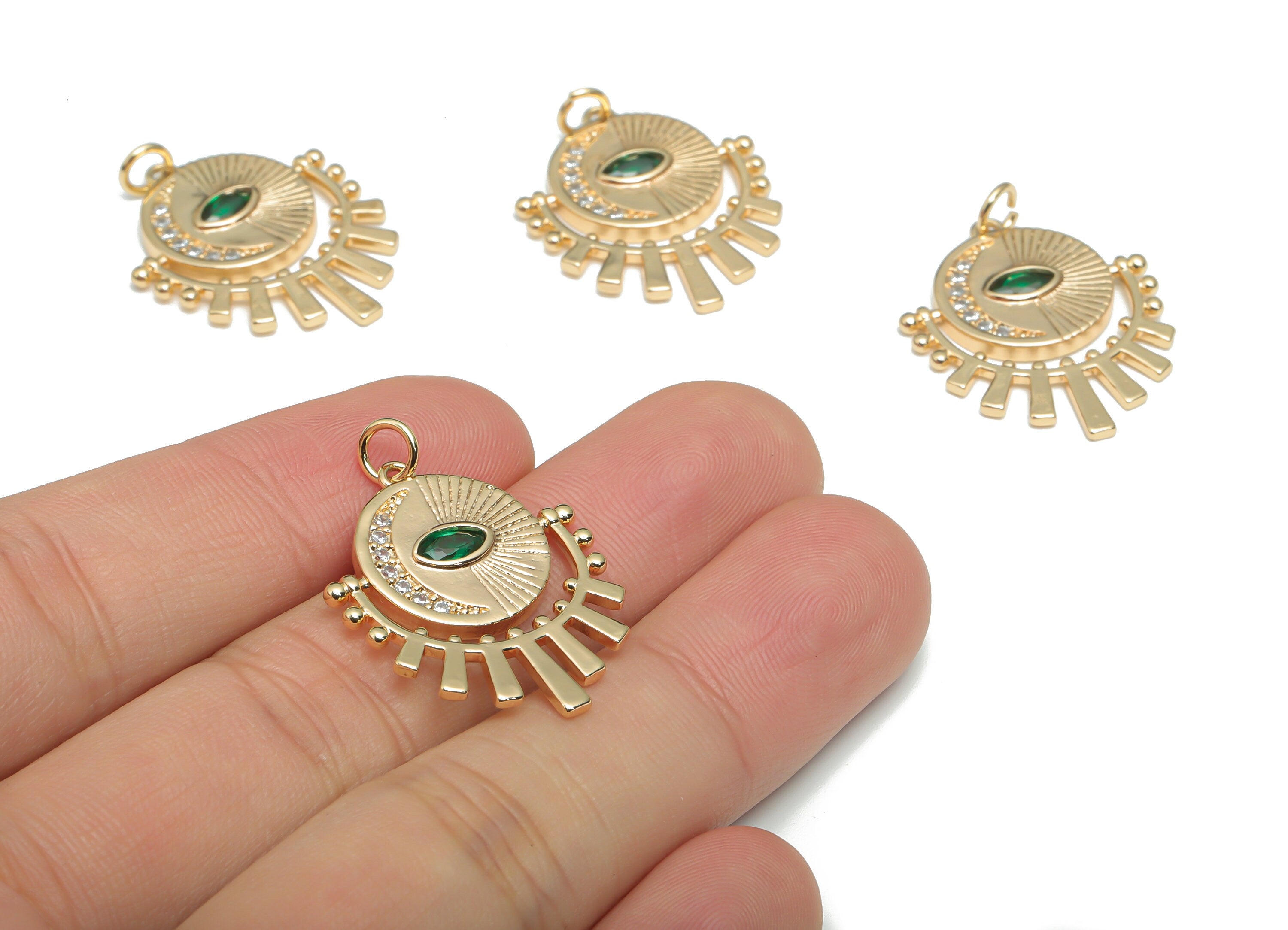 Brass Round Crescent Eye Earring Charms With Zircons - Gold Sun Moon Eyelash Pendant - 18K Real Gold Plated Brass - 30.6x22x2.5mm - RGP4324 - DOMEDBAZAAR