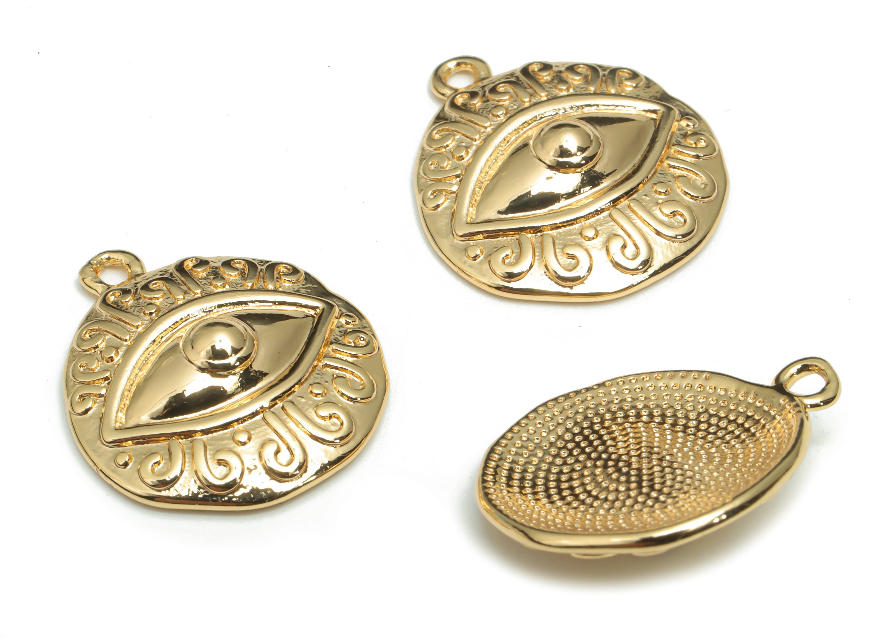 Brass Round Eye Earring Charms - Gold Eyelash Medallion Circle Pendant - 18K Real Gold Plated Brass - 20.67x17.84x4.74mm - RGP4338 - DOMEDBAZAAR