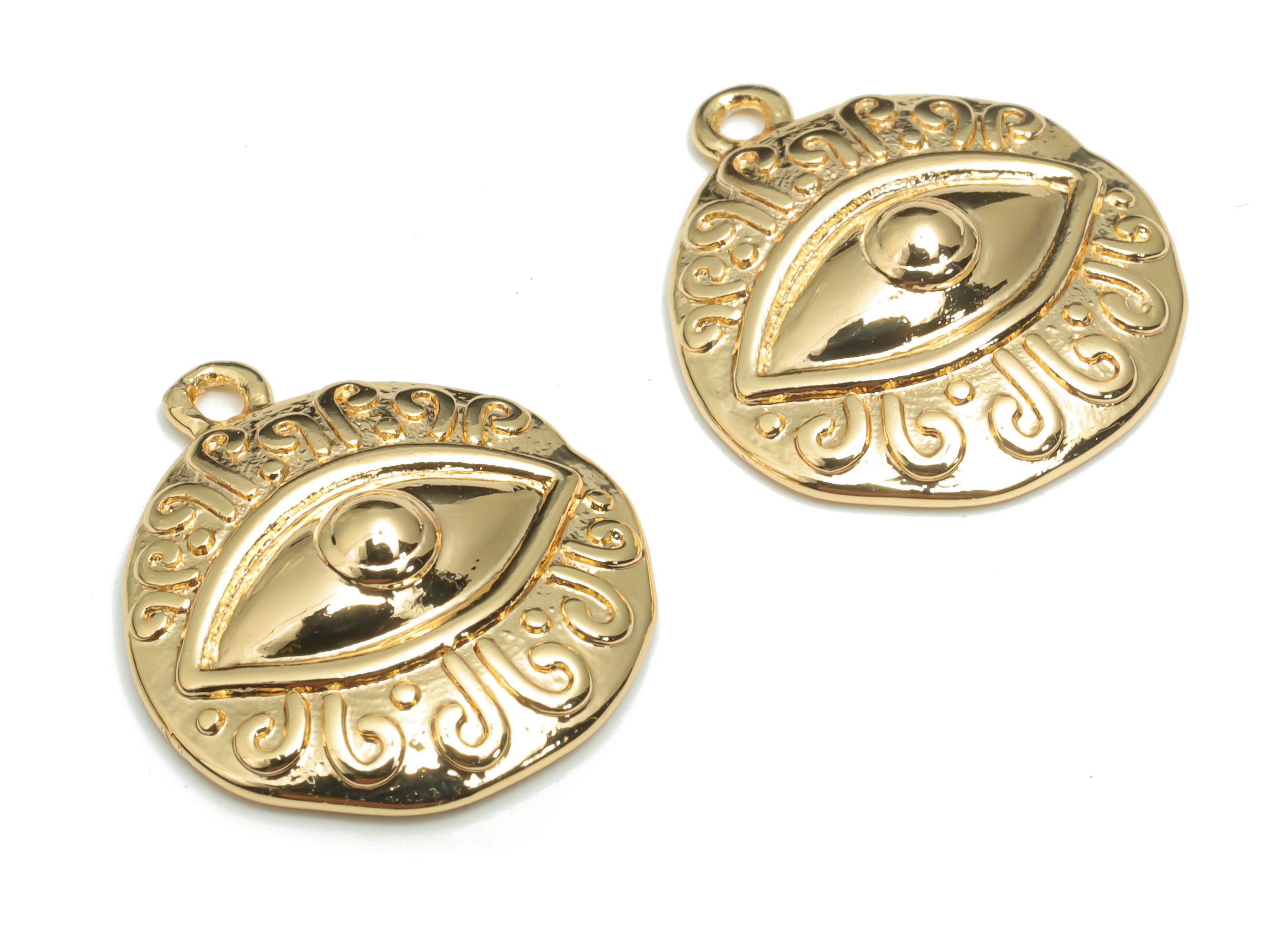 Brass Round Eye Earring Charms - Gold Eyelash Medallion Circle Pendant - 18K Real Gold Plated Brass - 20.67x17.84x4.74mm - RGP4338 - DOMEDBAZAAR