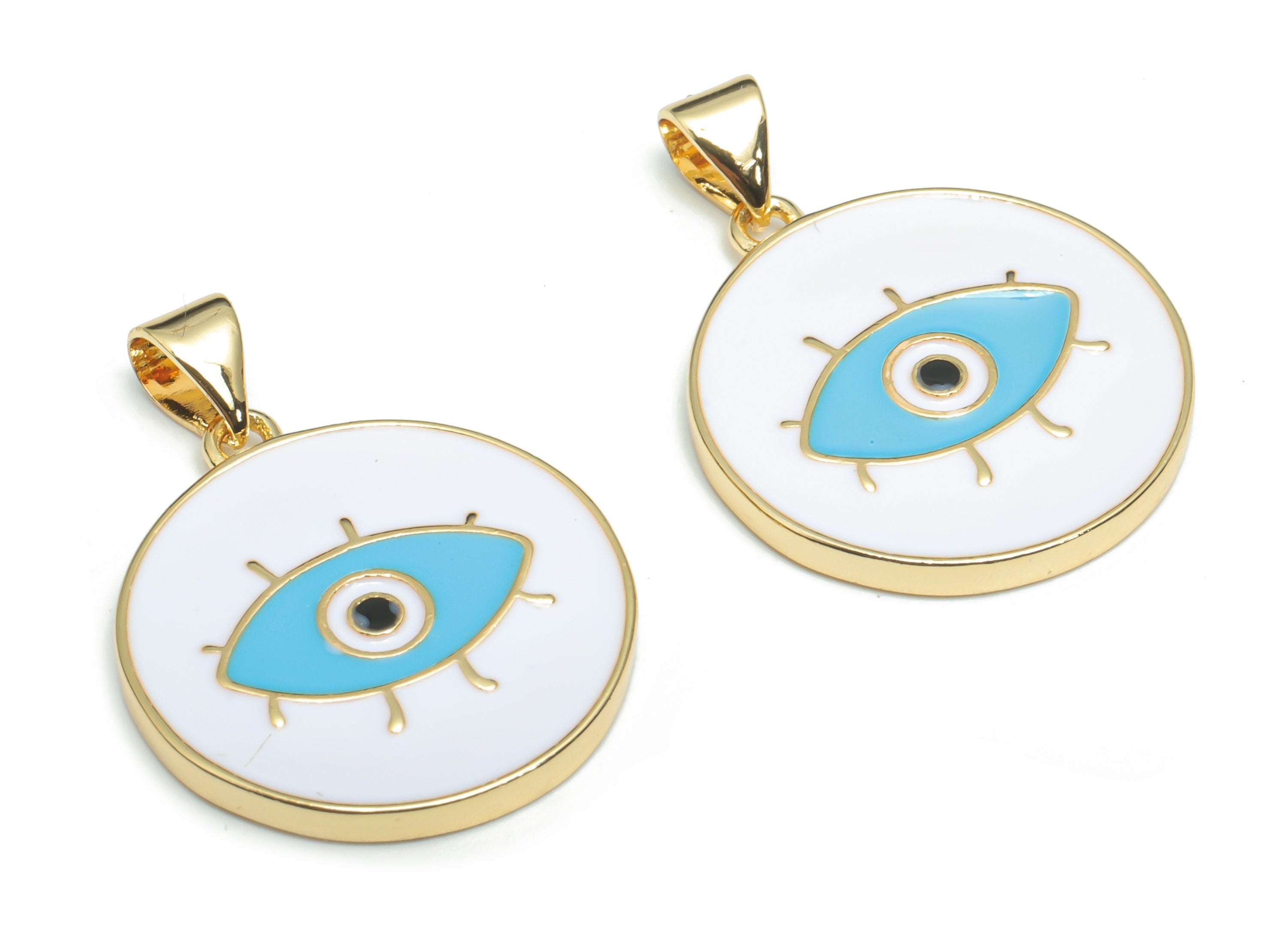Brass Round Eye Charms With Zincon - Enamel Eyelash Circle Pendant - 18K Real Gold Plated - Jewelry Supplies - 26.95x20.03x2.01mm - RGP4339B - DOMEDBAZAAR
