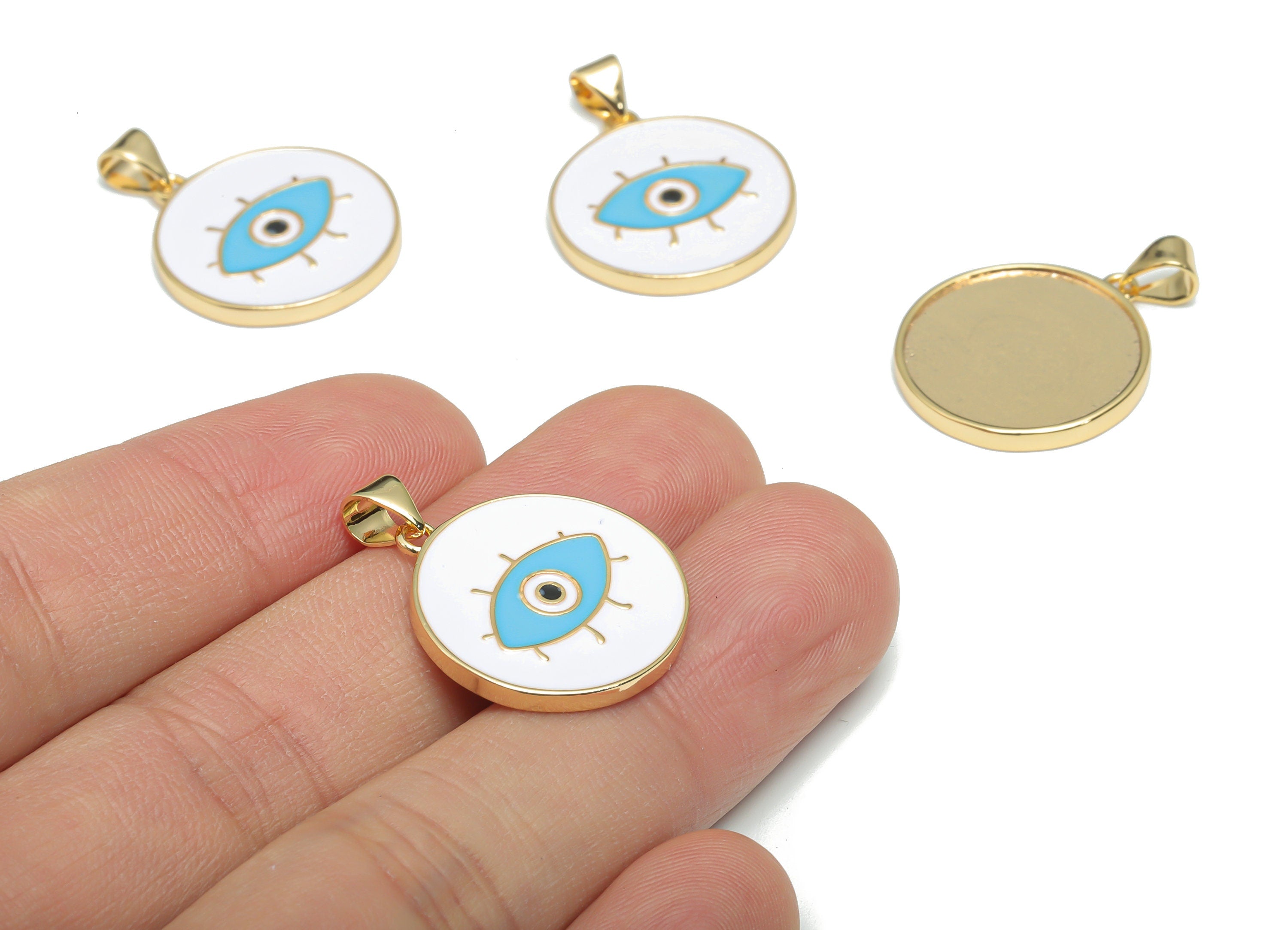 Brass Round Eye Charms With Zincon - Enamel Eyelash Circle Pendant - 18K Real Gold Plated - Jewelry Supplies - 26.95x20.03x2.01mm - RGP4339B - DOMEDBAZAAR