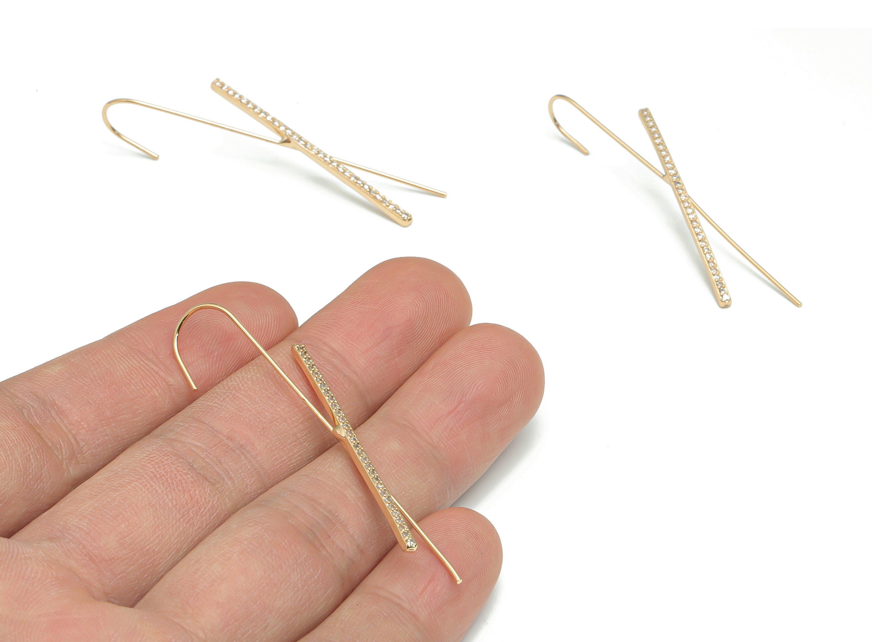 Brass X Earring Wire With Zircons - Gold X Earwire - 18K Real Gold Plated Brass - Earring Findings - 54.38x2.39x2.26mm - RGP4343 - DOMEDBAZAAR