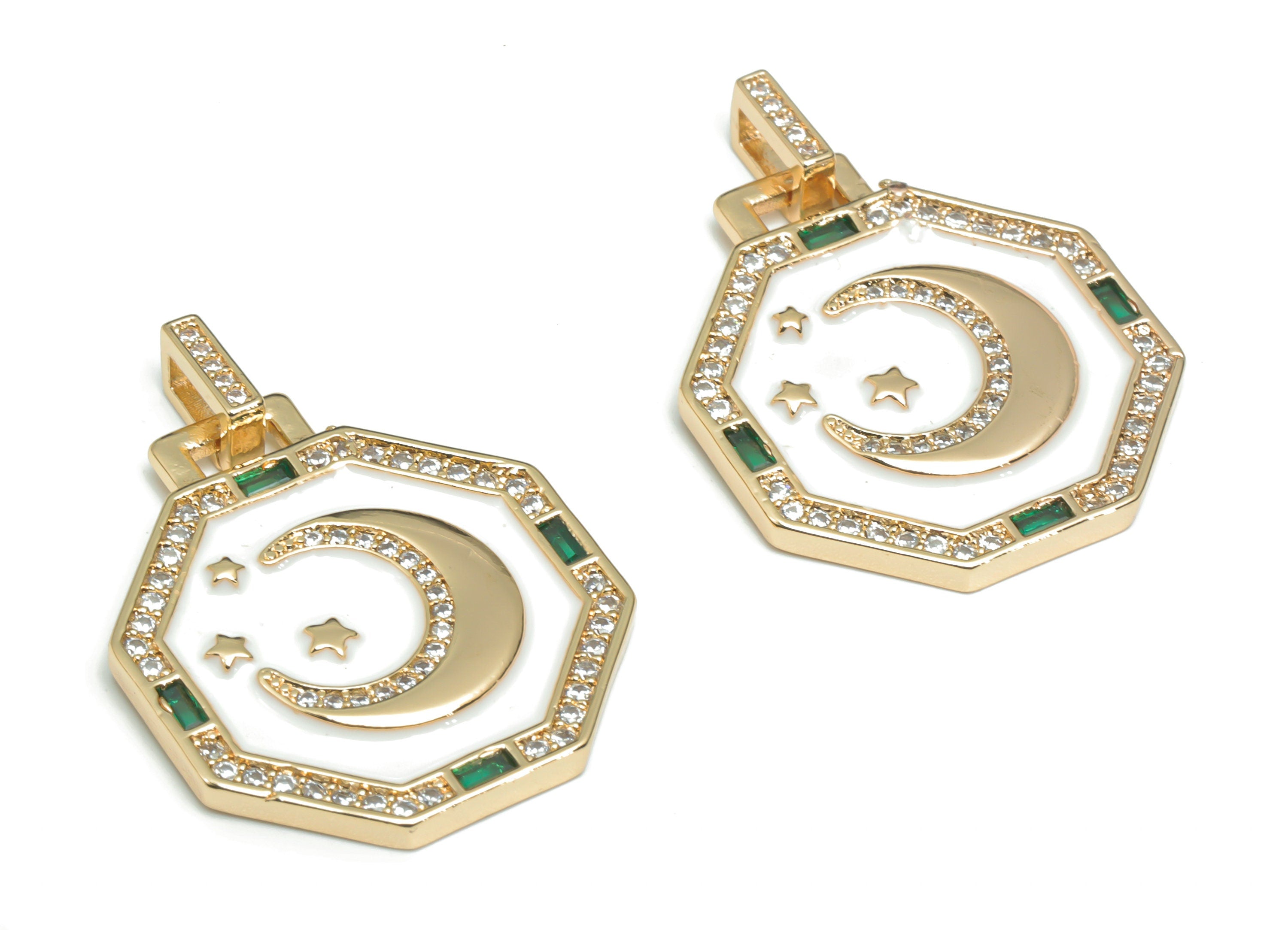 Brass Hexagon Crescent Planet Charms With Zincons - Enamel Moon Star Hexagon Pendant - 18K Real Gold Plated - 31.79x23.7x2.63mm - RGP4341A - DOMEDBAZAAR
