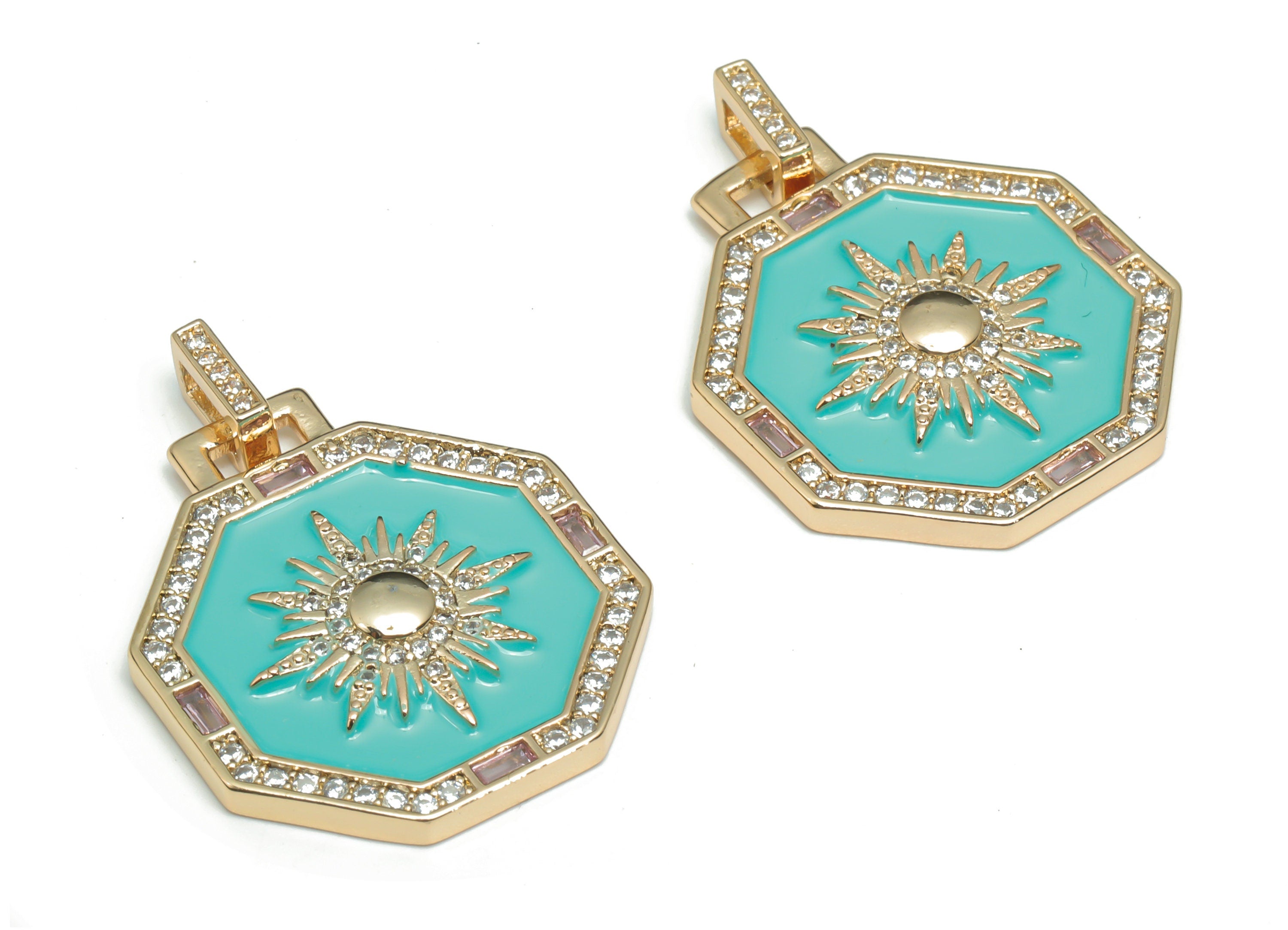 Brass Hexagon Sun Planet Charms With Zincons - Enamel Star Hexagon Pendant - 18K Real Gold Plated - 31.79x23.7x2.63mm - RGP4341B - DOMEDBAZAAR