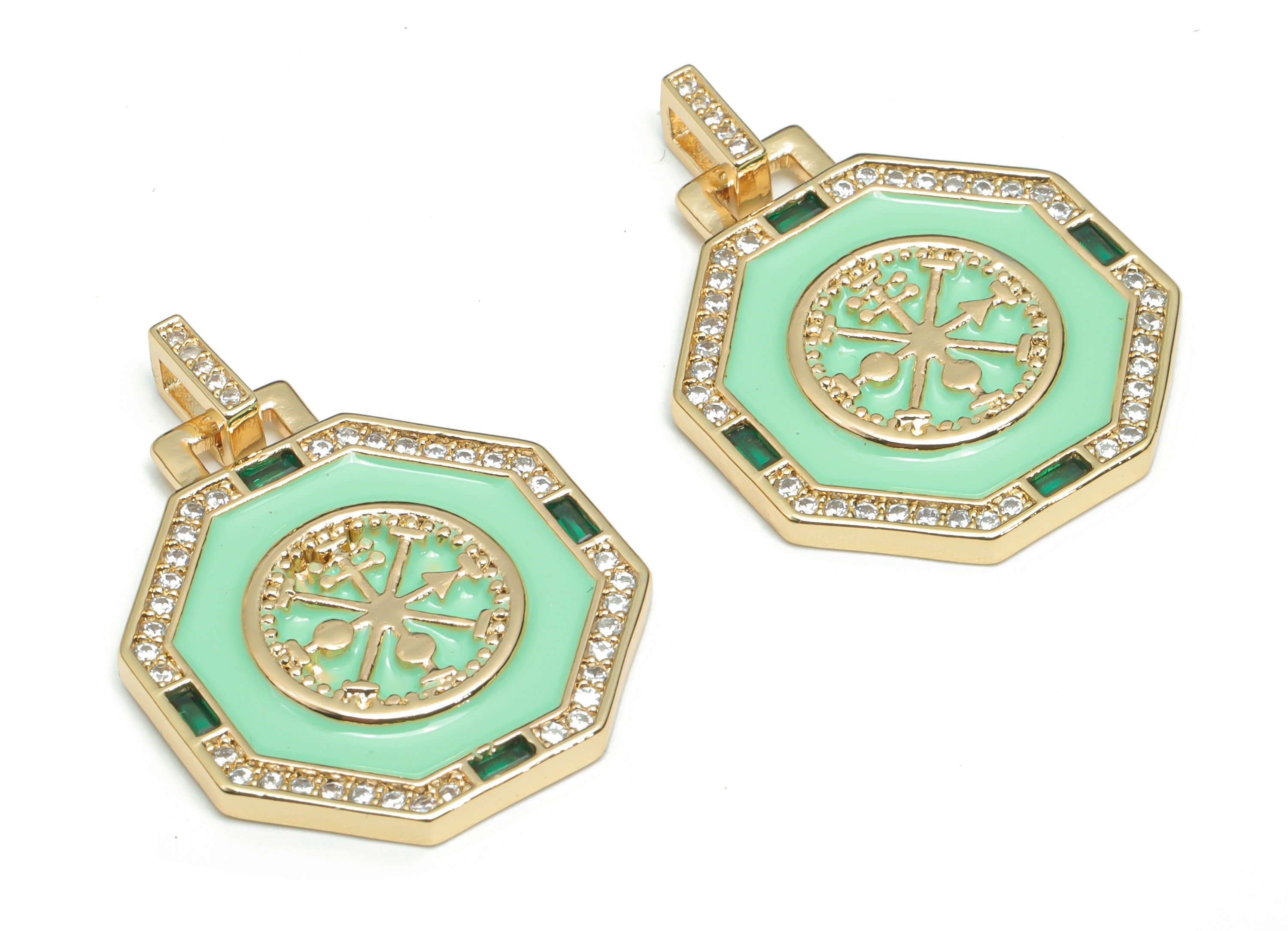 Brass Hexagon Round Earring Charms With Zincons - Enamel Arrow Hexagon Pendant - 18K Real Gold Plated - 31.79x23.7x2.63mm - RGP4341C - DOMEDBAZAAR