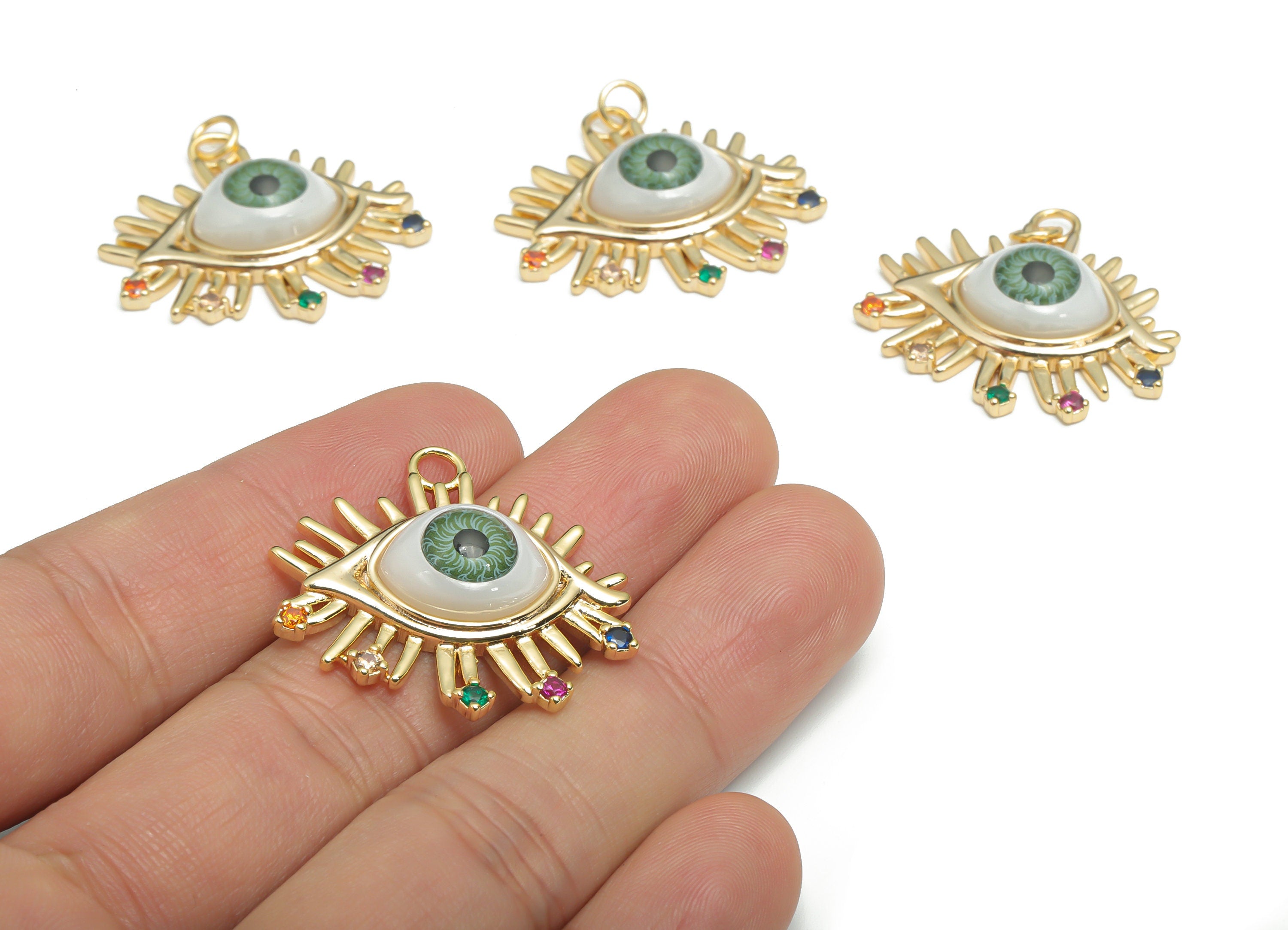 Brass Green Eye Earring Charms With Zircons - Plastic Patch Gold Eyelash Pendant - 18K Real Gold Plated Brass - 30.3x28.42x7.04mm - RGP4291A - DOMEDBAZAAR