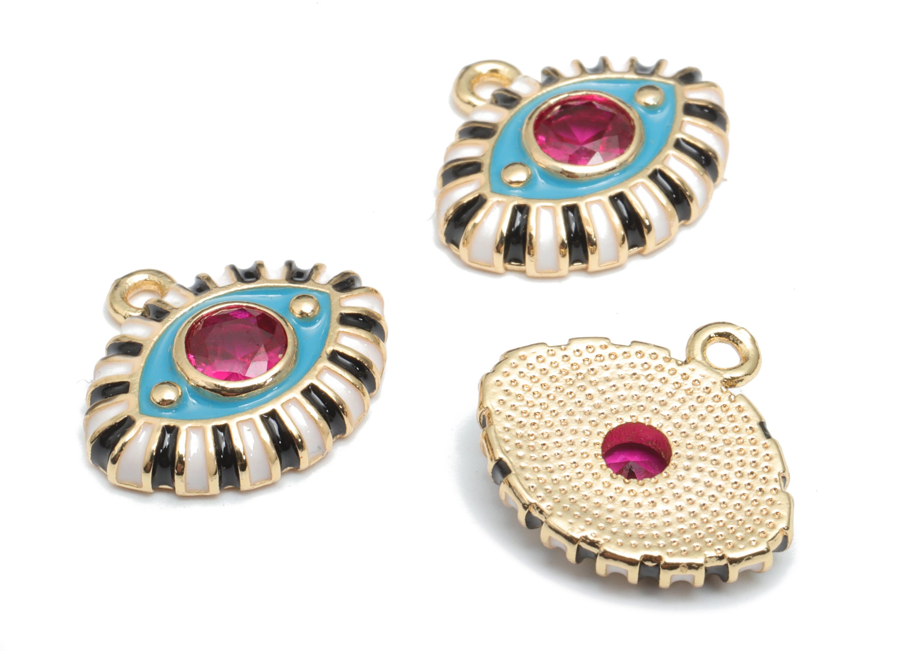 Brass Eye Charms With Zircons - Enamel Gold Eyelash Pendant - 18K Real Gold Plated Brass - Jewelry Supplies - 16.65x15.24x3.64mm - RGP4297A - DOMEDBAZAAR