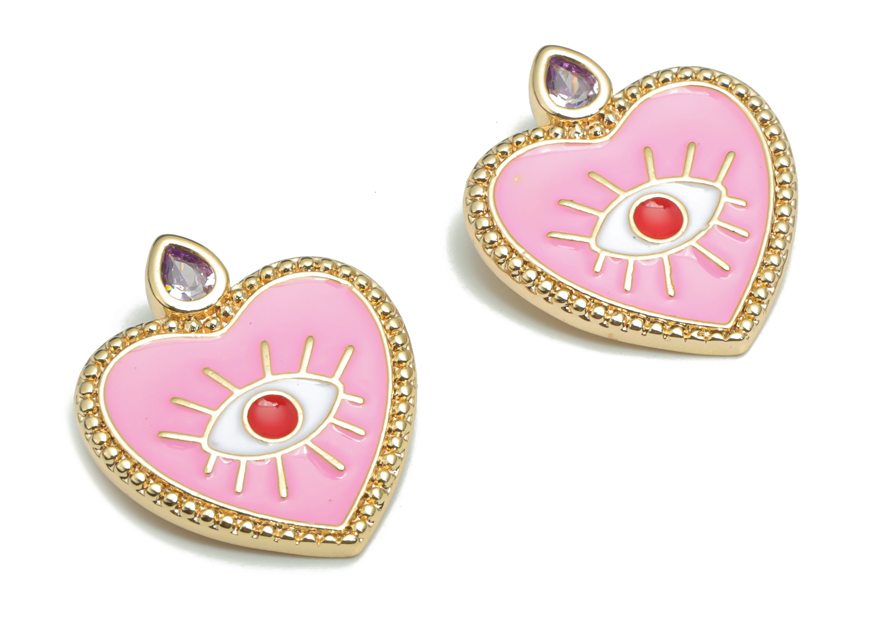 Brass Heart Eye Charms With Zincons - Enamel Eyelash Heart Pendant - 18K Real Gold Plated - Jewelry Supplies - 22.2x18.81x1.97mm - RGP4295A - DOMEDBAZAAR